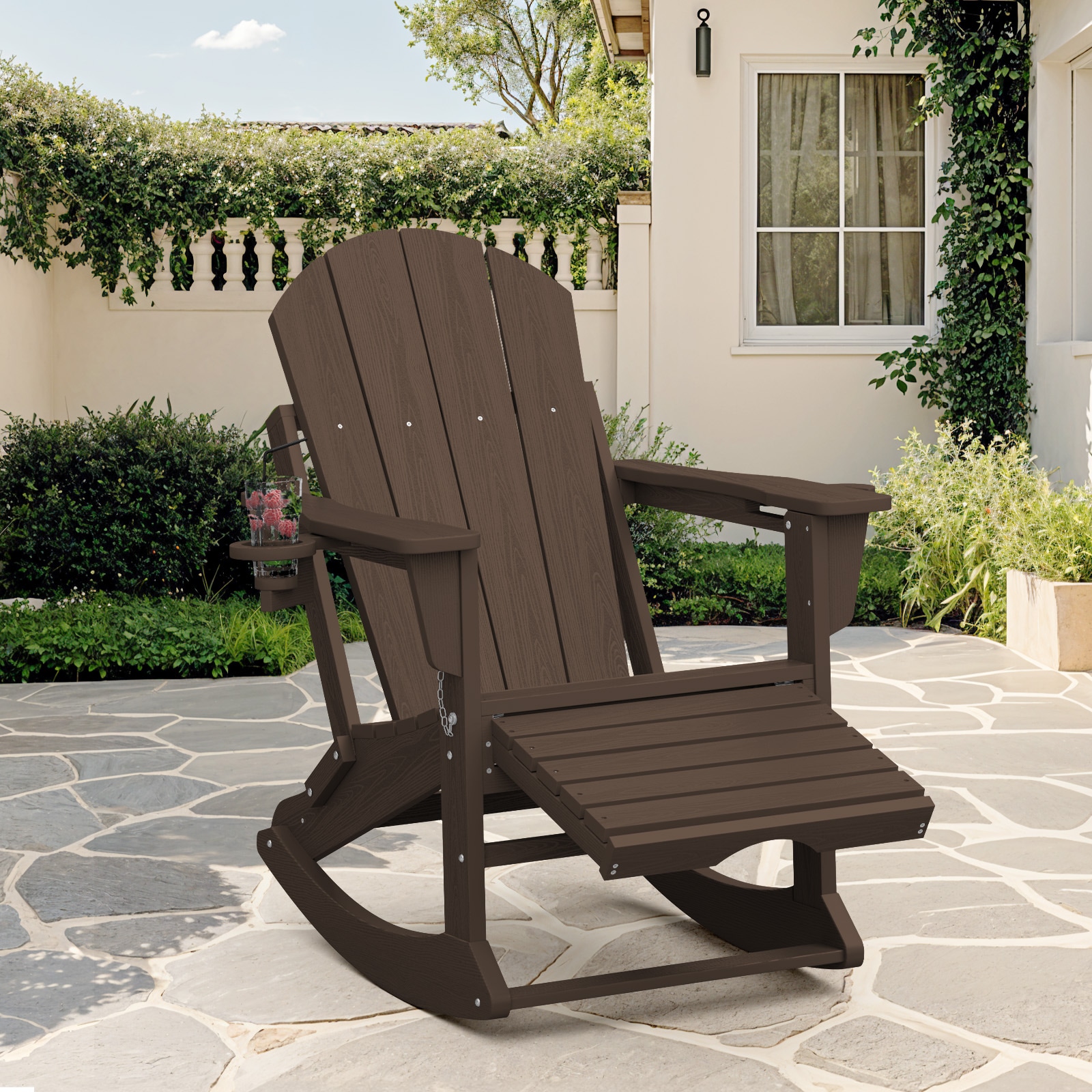 JEAREY PEDGNYY-CO Adirondack Rocking Chair with Ottoman and Cup Holder Stackable Coffee HDPE Frame Adirondack Chair with Slat Seat