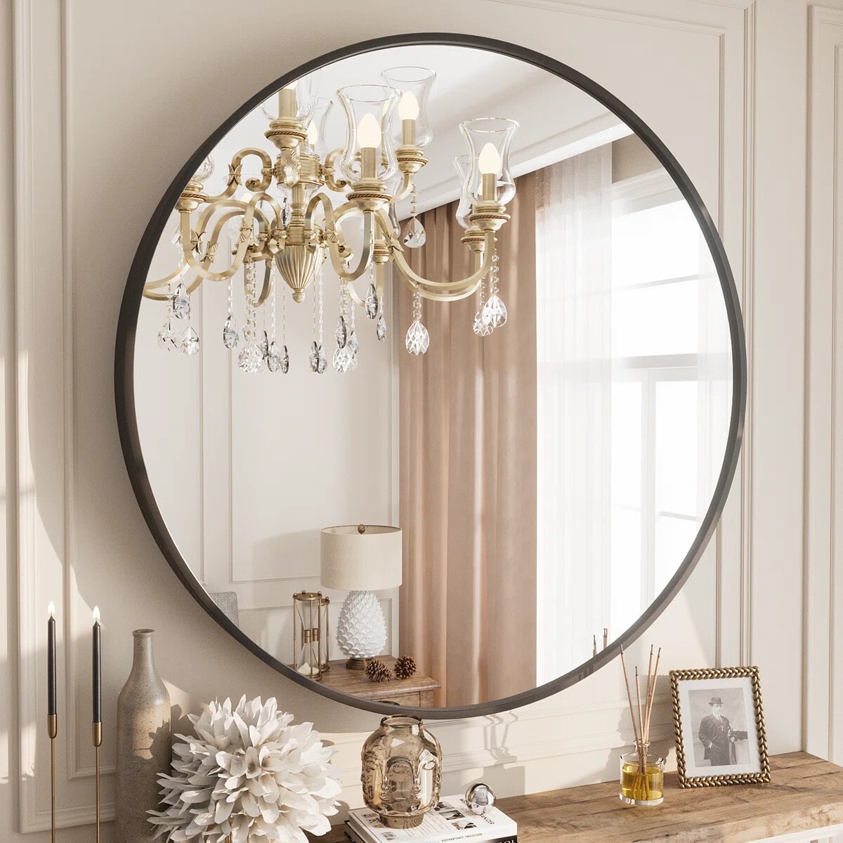 YQP 30x30 Inch Round Easy to Install Aluminum Alloy Black Framed Tempered Glass Wall Mirror