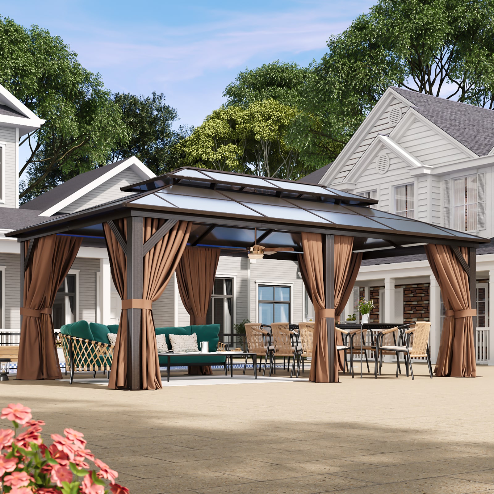 AOXUN G30011BR-A 12-ft x 20-ft Brown Rectangle Gazebo with Hardtop Roof (Screen Included)