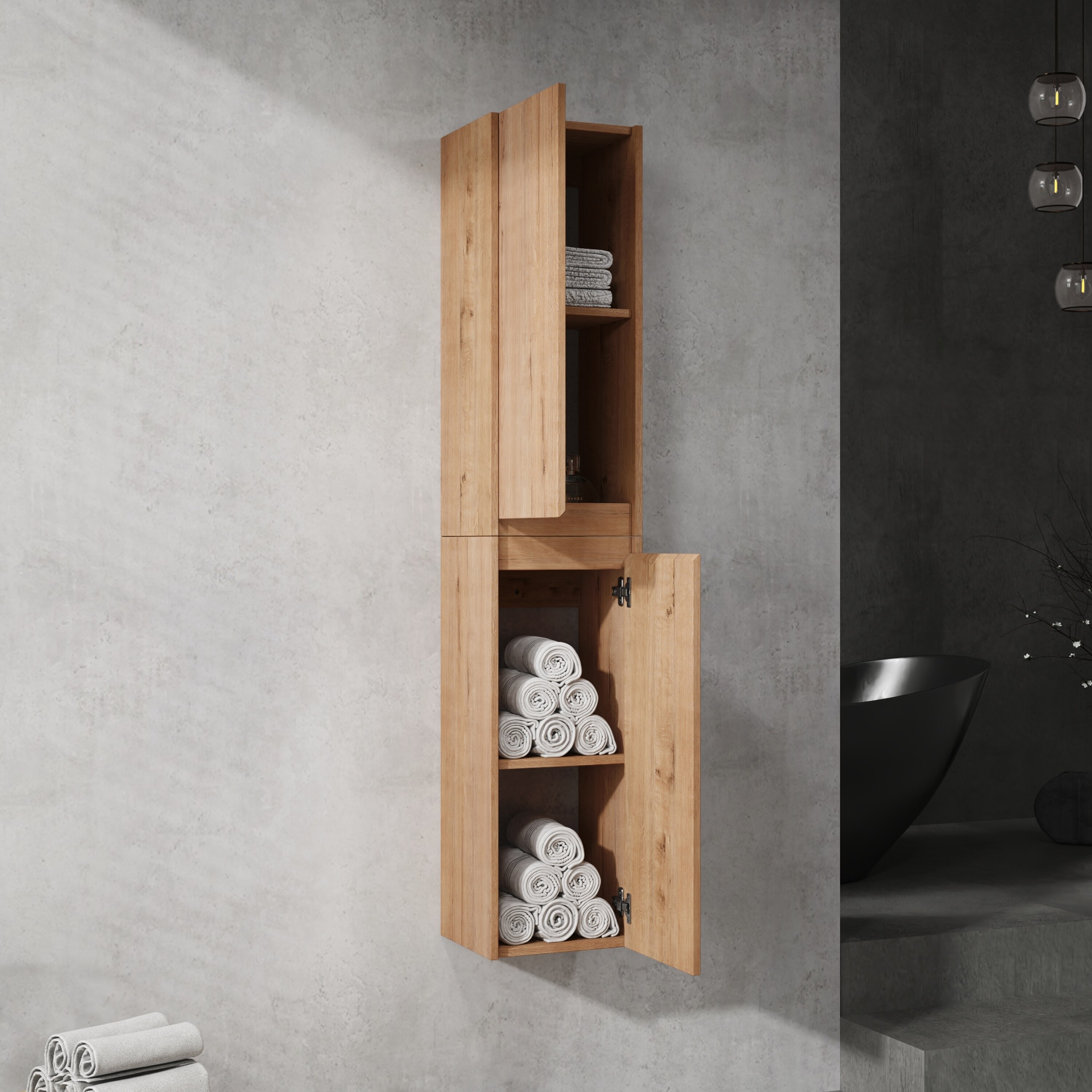 FAVSH  11.81-in x 9.81-in x 59-in Imitative Oak Bathroom Wall Cabinet with Soft Close Doors for Bathroom Storage