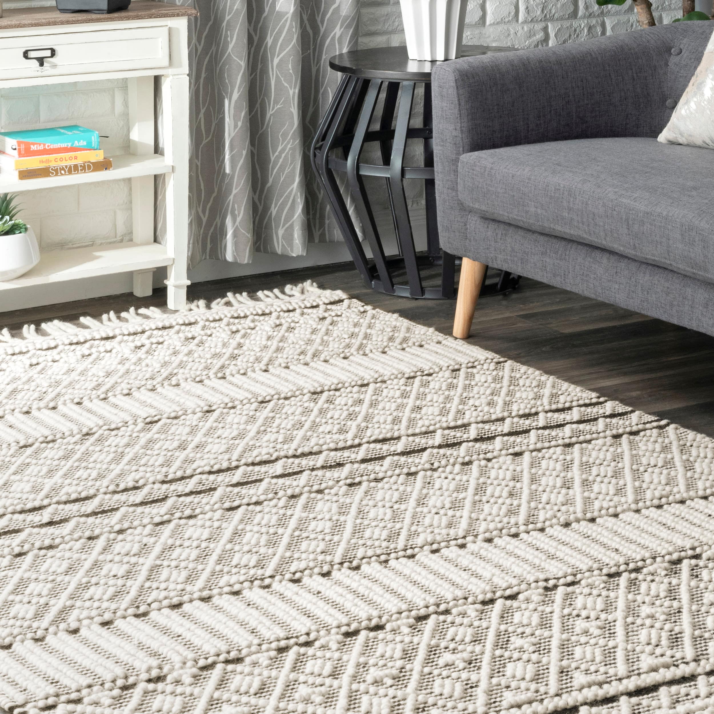 Ivory Flat Woven Wool Blend Rectangular Area Rug, 5' x 8'