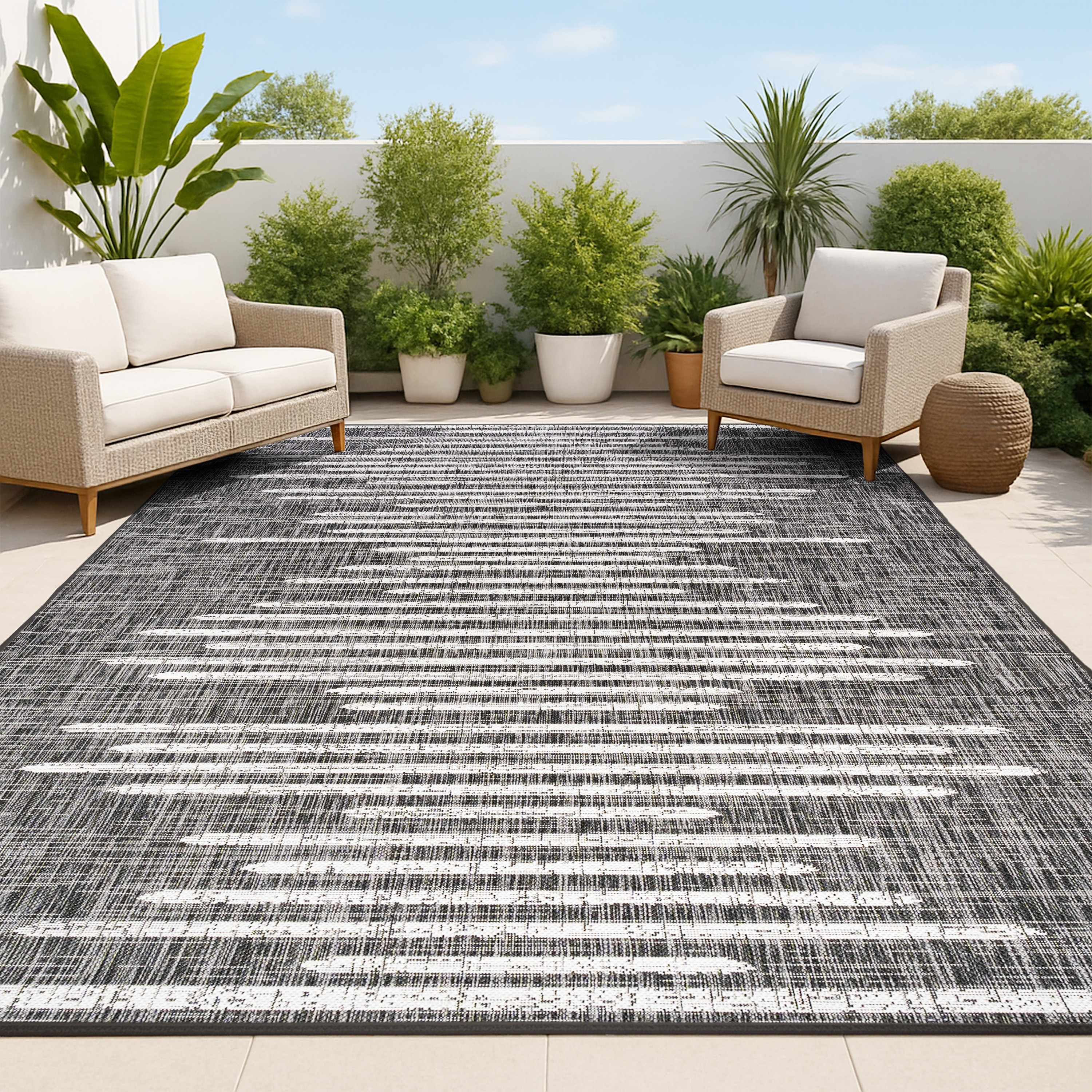 JONATHAN  Y SMB124E-8 Santa Monica Zolak Berber 8 x 10 (ft) Loomed Polypropylene Black/Ivory Rectangular Indoor/Outdoor Stripe Bohemian/Eclectic Area rug