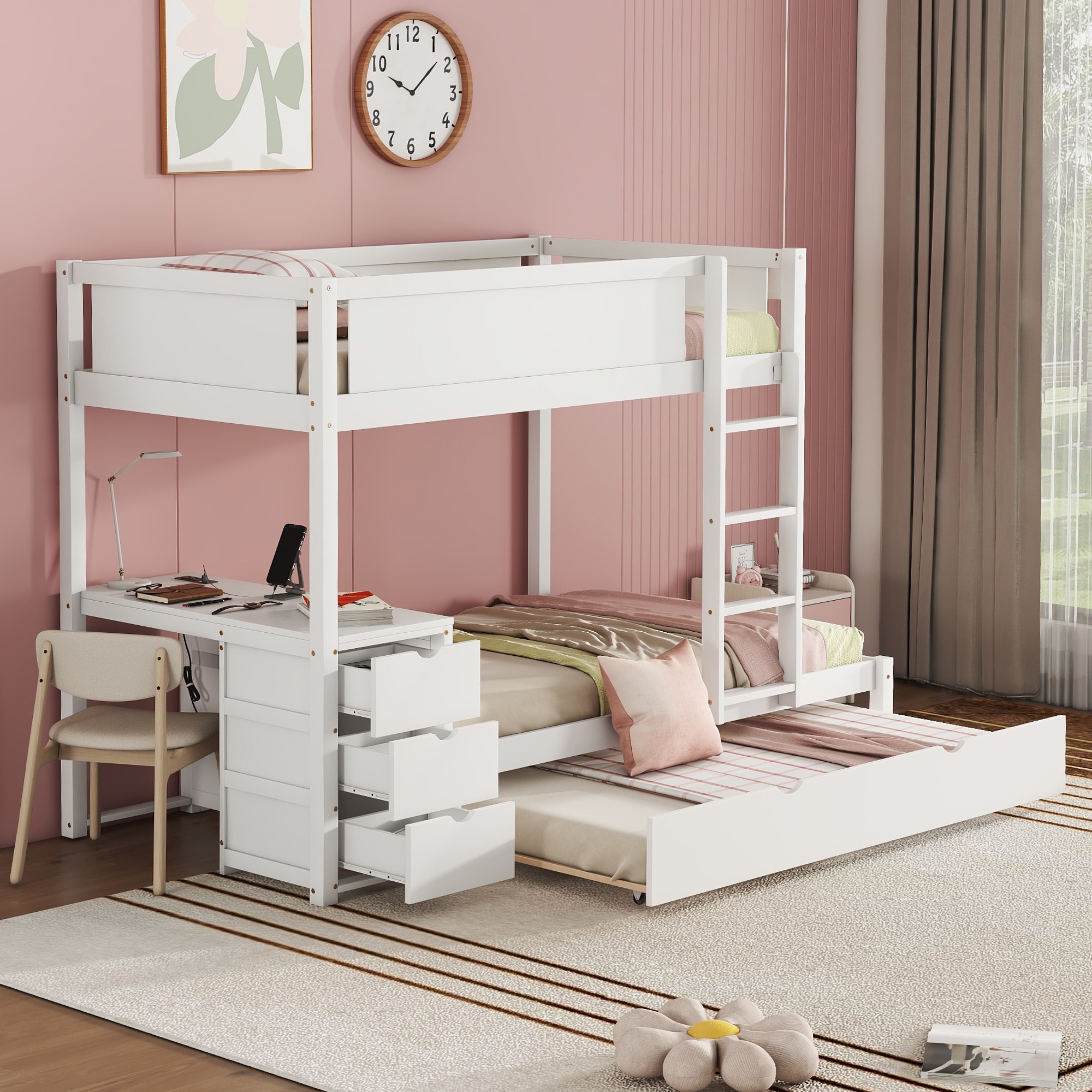 ModernLuxe LT000363AAK TwinOverTwin Bunk Bed with Twin size Trundle Storage and Desk White