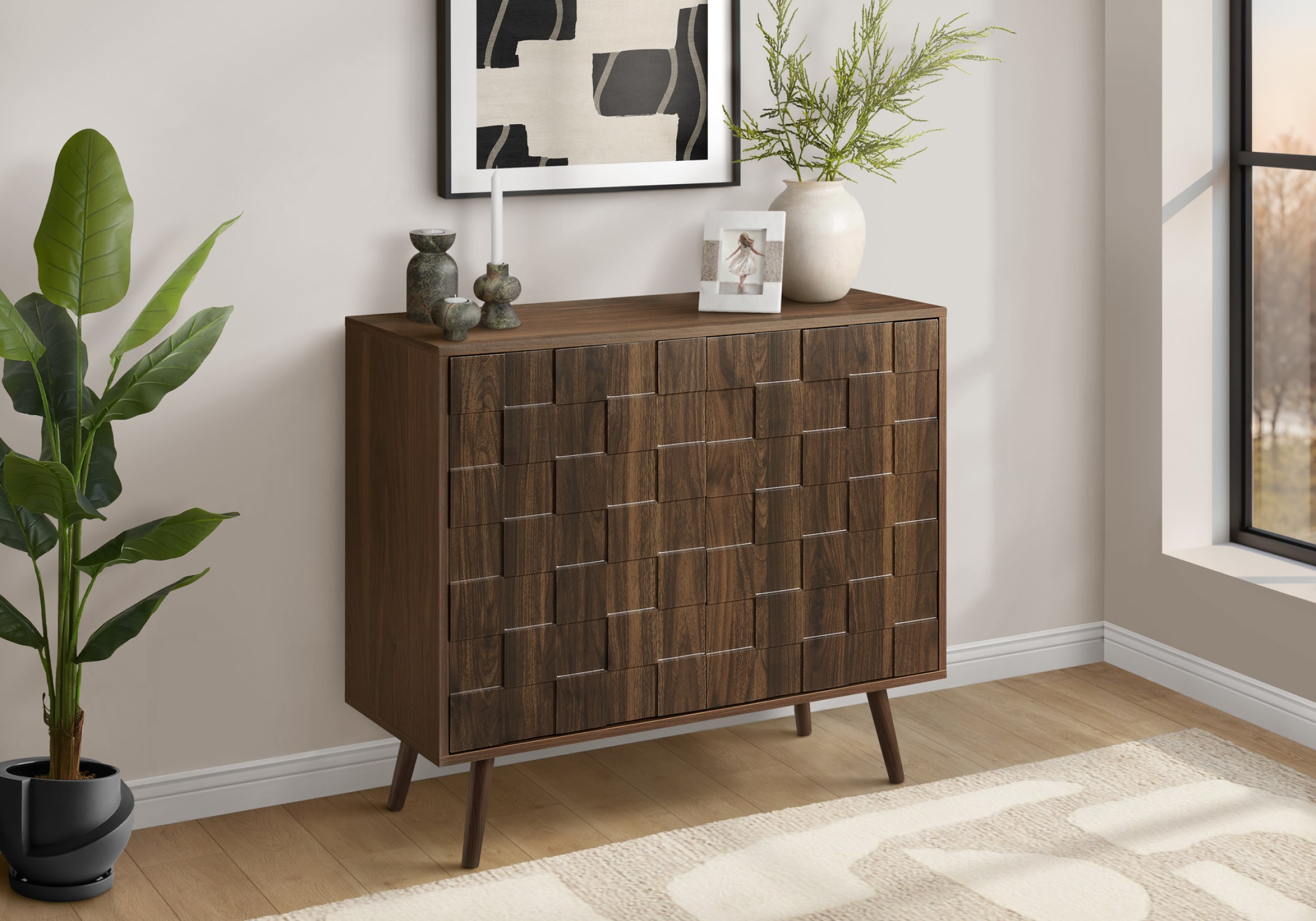 CHITA Mid Century Modern Solid Wood Storage Drawer Chest with 2 Doors Adjustable Shelves Dark Walnut Finish Walnut
