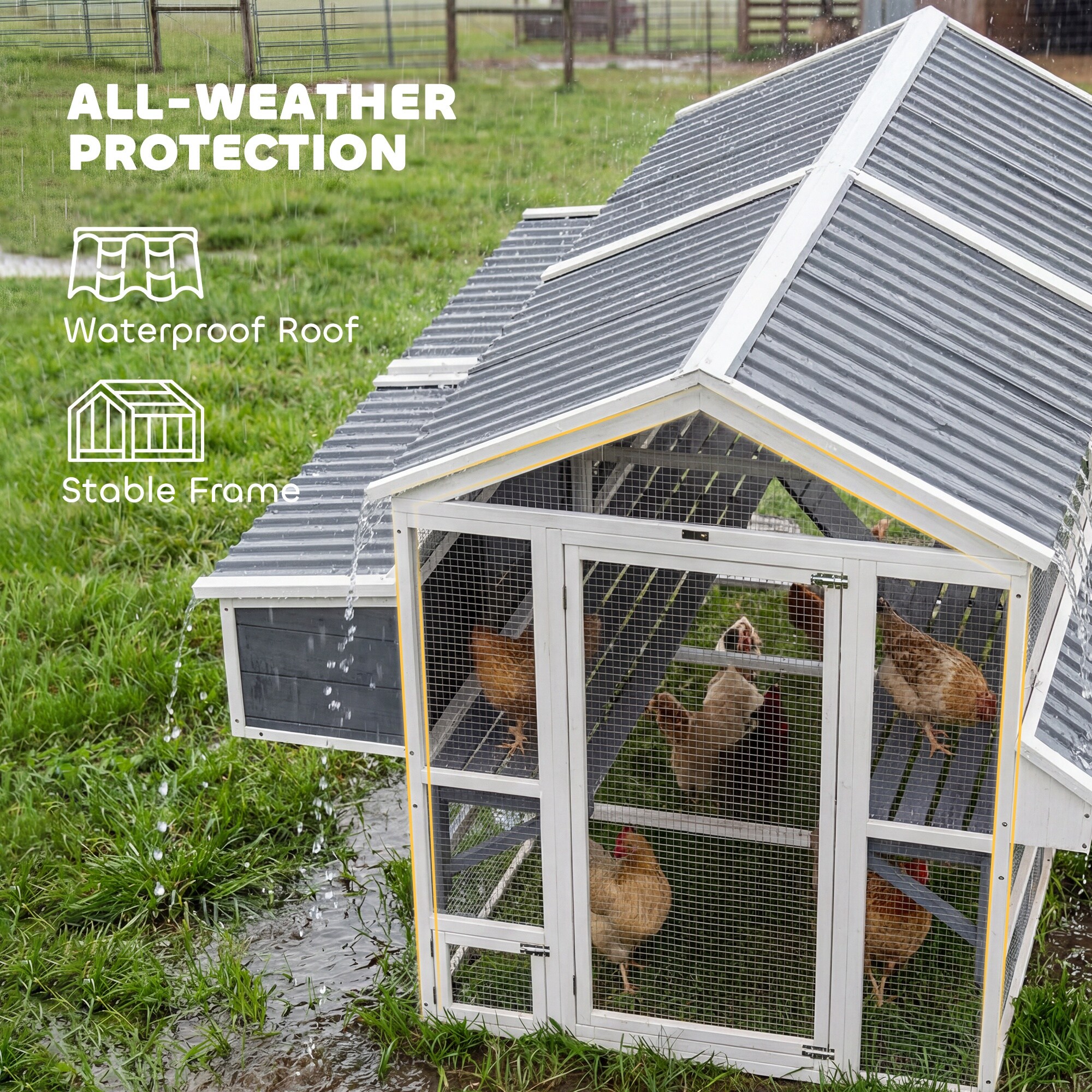 PawHut Wooden Chicken Coop Large Outdoor Hen House with 2 Feeders 2 ...