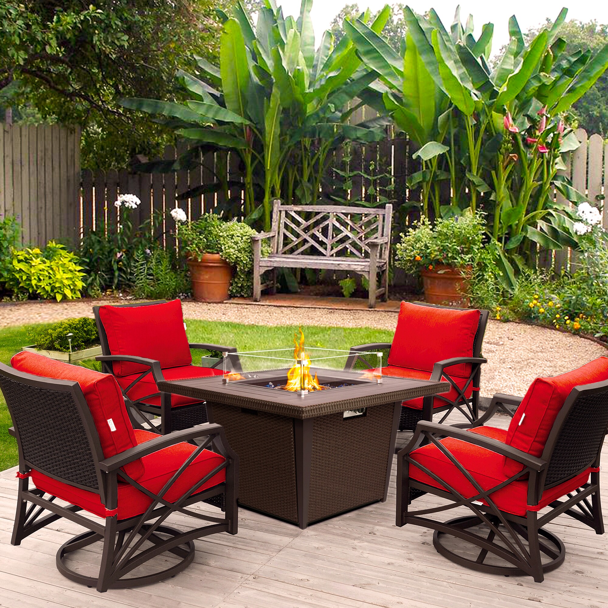 Kinger Home Ethan 5Piece Rattan Patio Conversation Set with Red