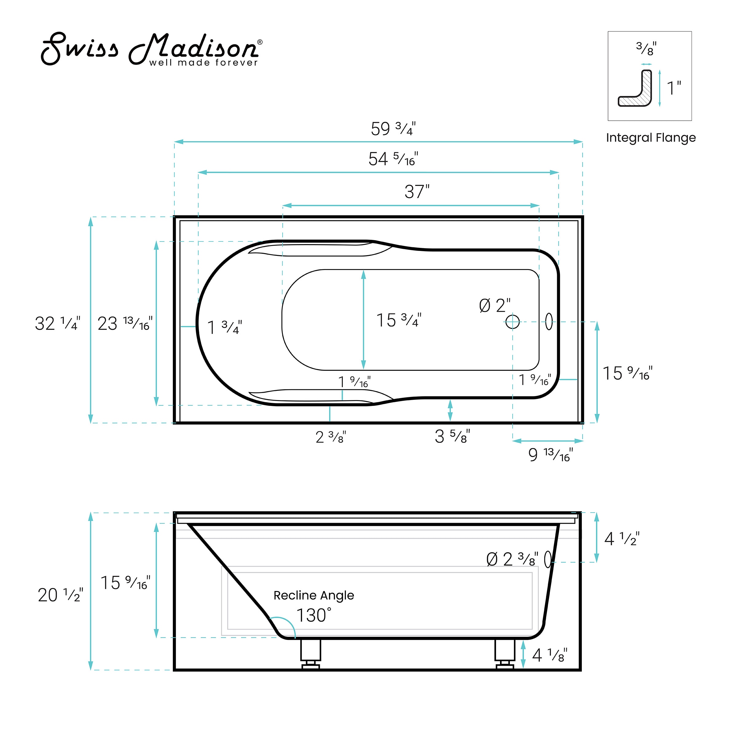 Concorde 60" Glossy White Acrylic Alcove Bathtub with Apron