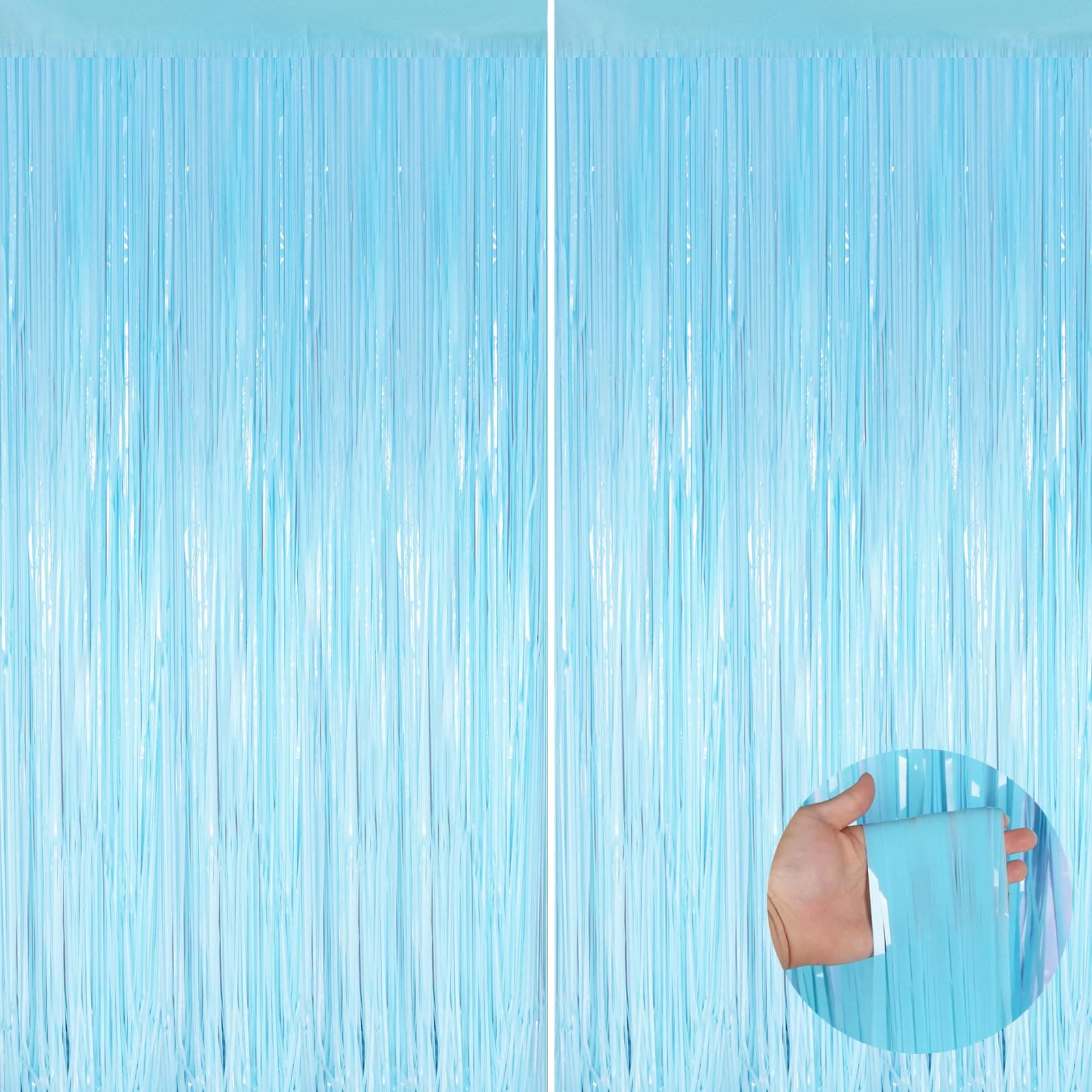 Yichuhaoxi  Light Blue Metallic Tinsel Foil Fringe Curtains 2 Pack 3 3 x 8 3 Feet Party Streamer for Birthday Baby Shower Halloween Bachelorette