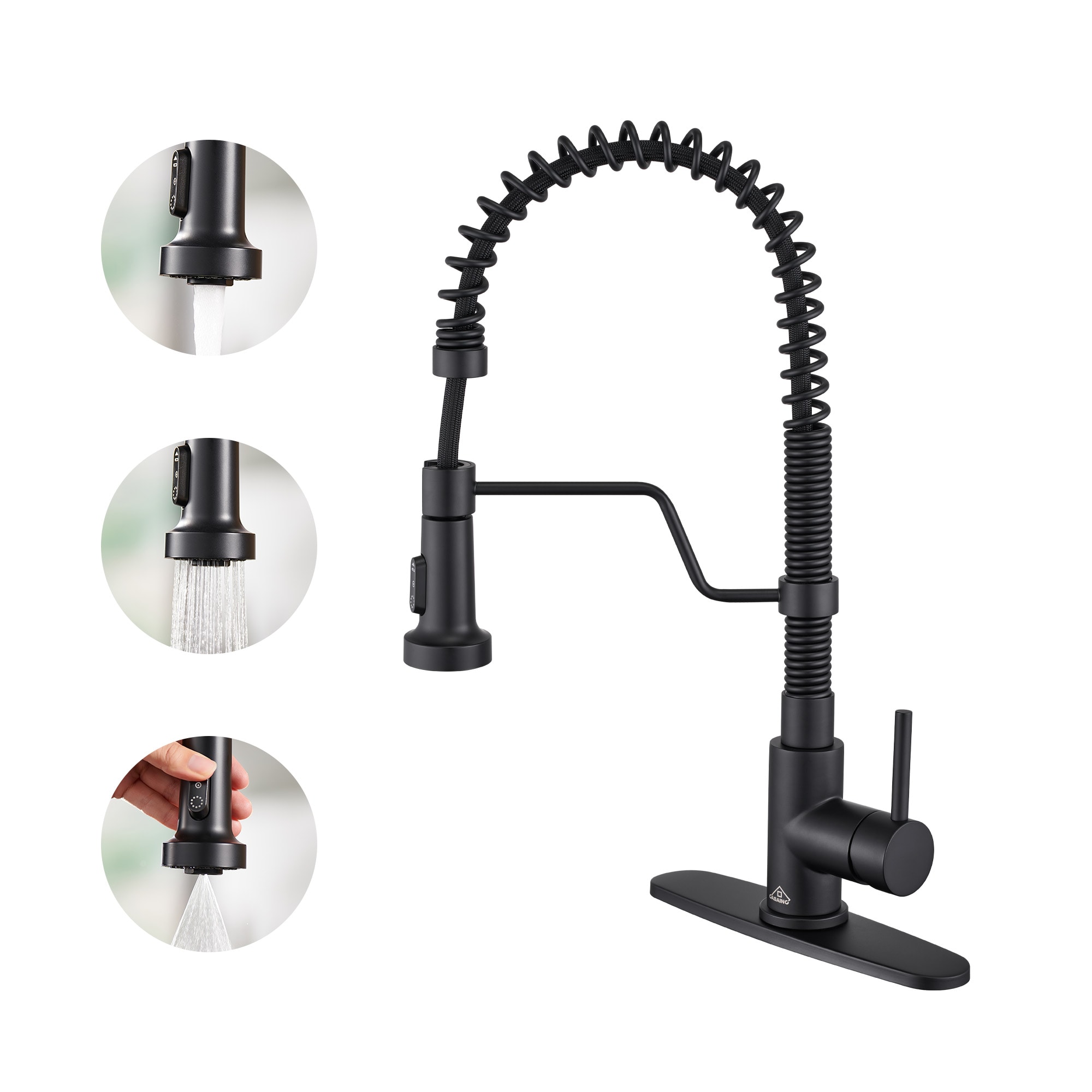 CASAINC Matte Black Single Handle Pull-out Kitchen Faucet With Sprayer ...