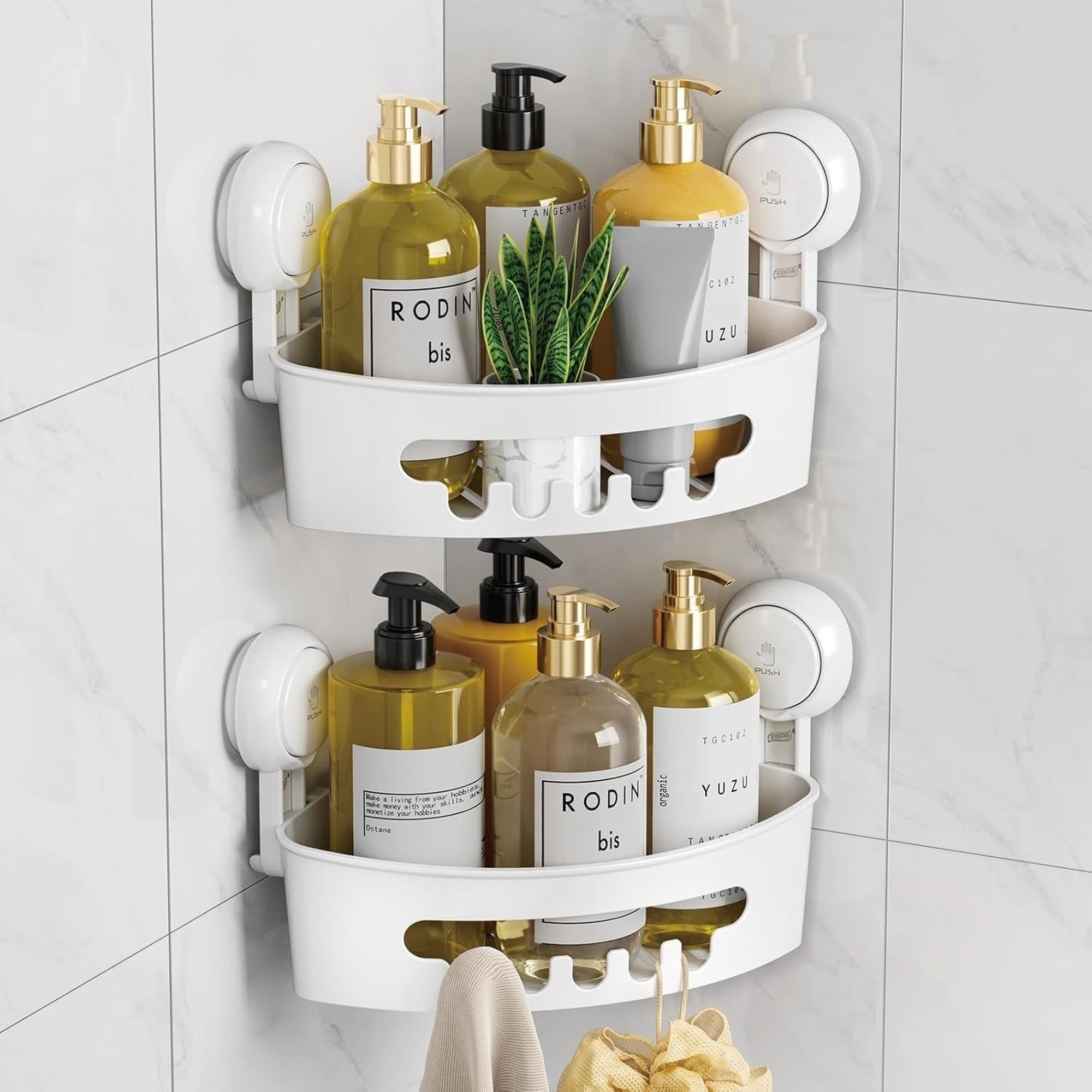 Numhew - 8.7in W 2-Compartment Polished White Corner Shower Caddy