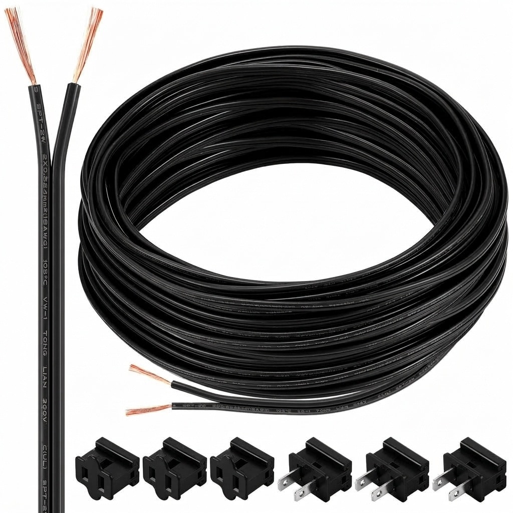 Lukvuzo 100 ft 18 AWG SPT-2 Electrical Wire Roll with 6 Plugs for LED Lighting Strip Lamp Extension Outdoor Indoor Low Voltage Applications Black #LLU0424T59