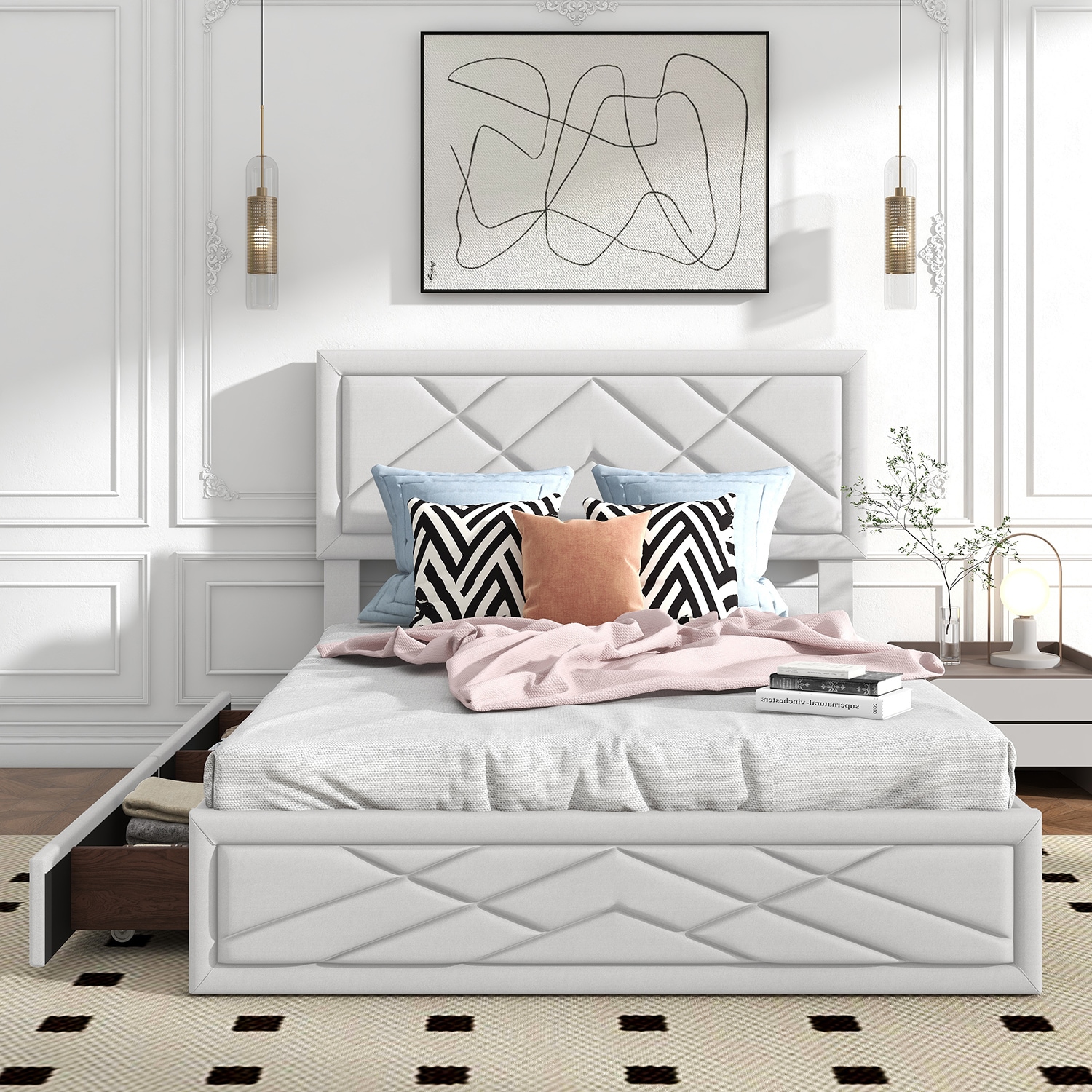 GZMR GZ-W22353 Upholstered Queen Bed Frame with Storage Beige Queen Wood Upholstered Bed with Storage