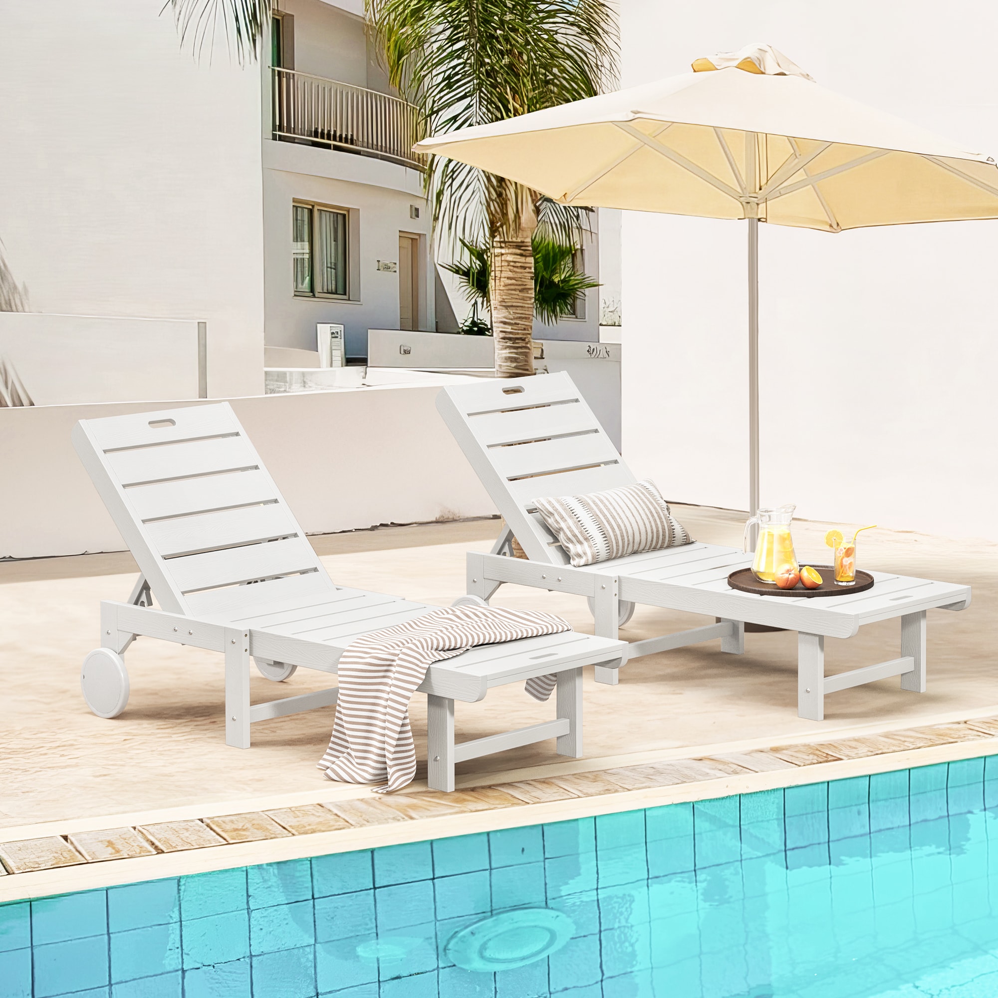 Yurevna 2JT-003-02LS Chaise lounge Set of 2 White HDPE Frame Stationary Chaise Lounge Chair with Slat Seat