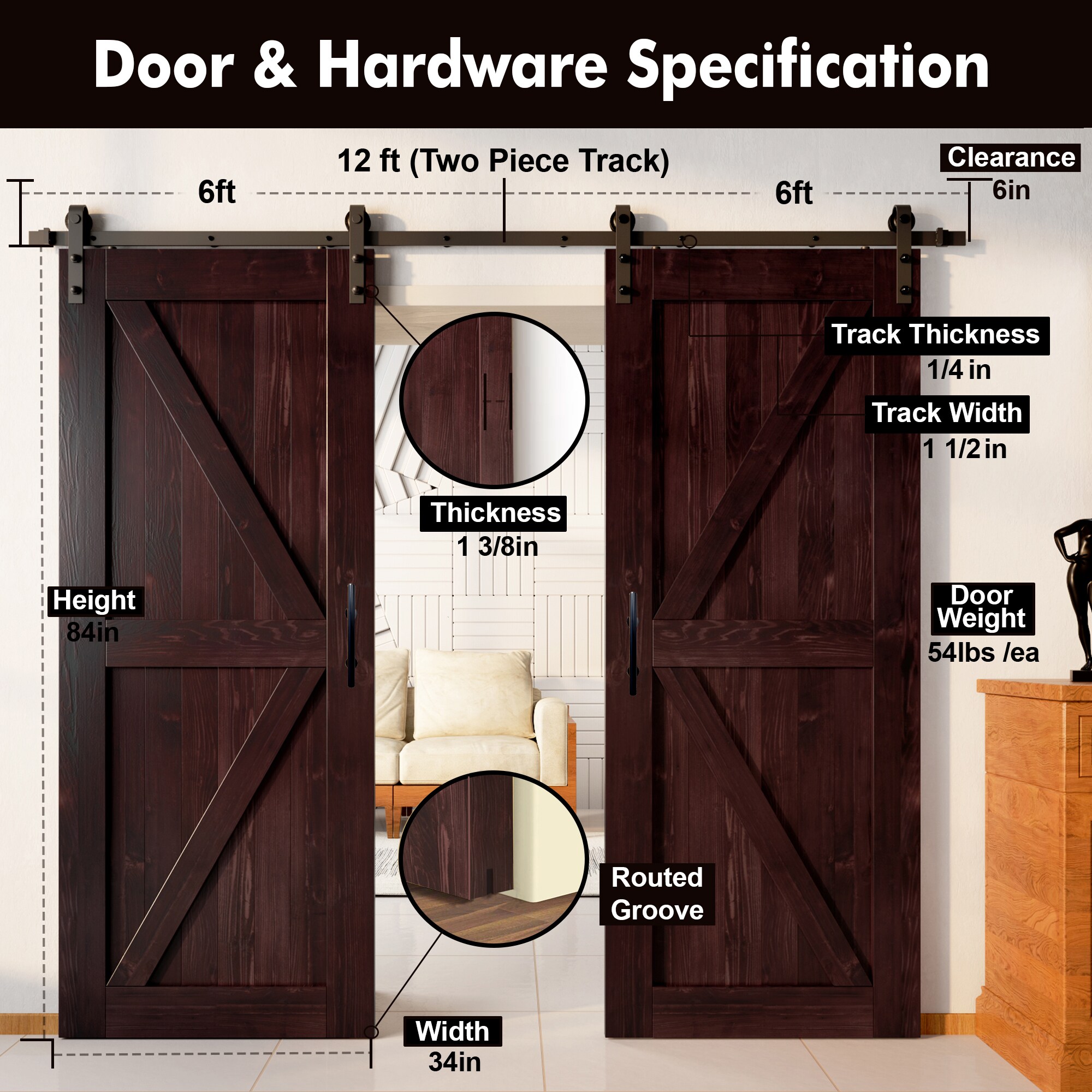 HOMACER YT2TGH144C-3484-K-RD Barn-Doors - View #7