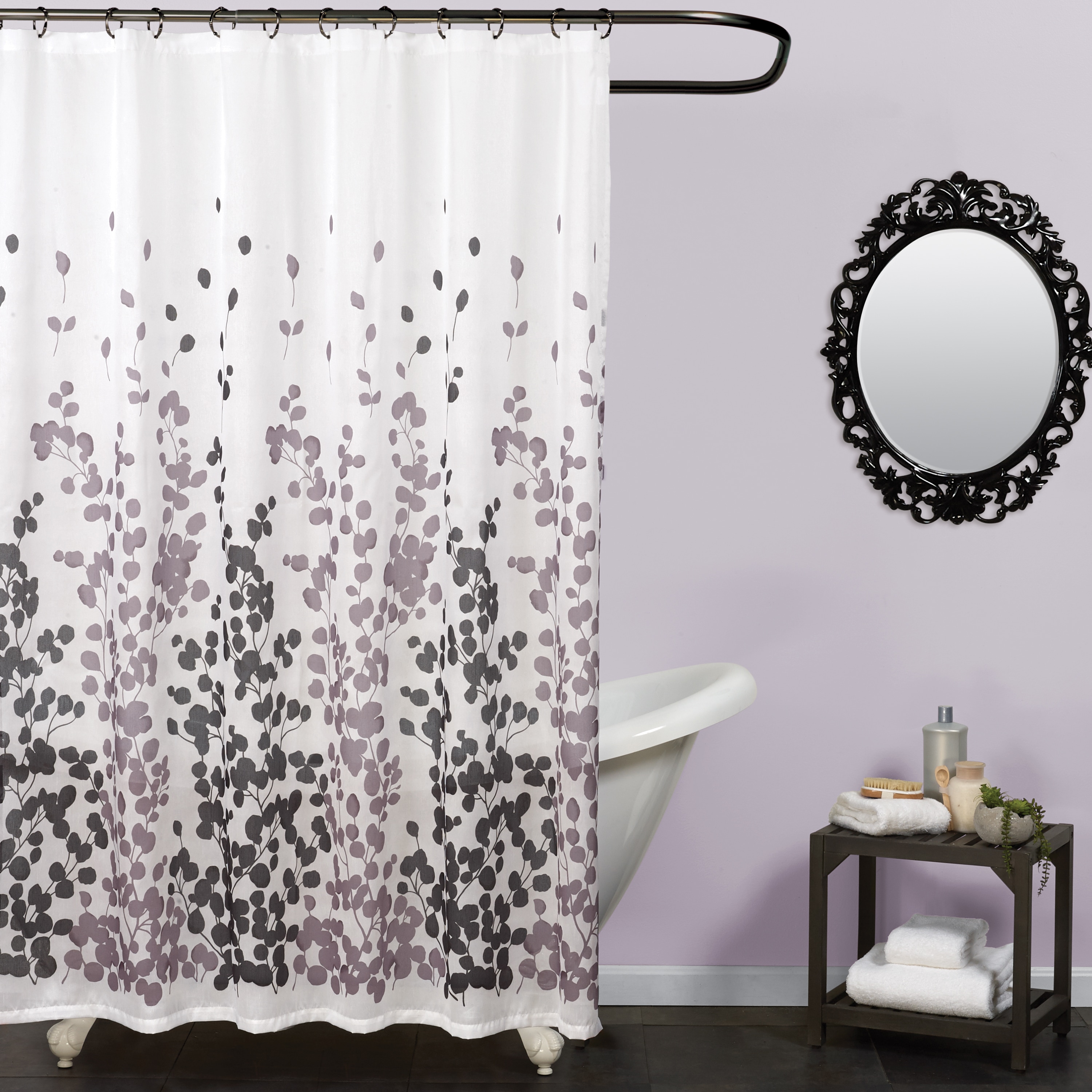 Dark Grey Shower Curtain Black Damask Floral Print for Bathroom