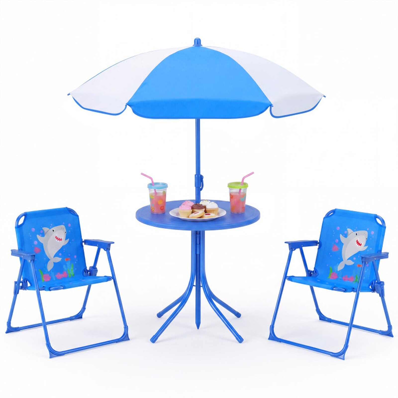 SUGIFT Navy Kids Outdoor Table and Chair Set with 2 Folding Chairs and Height Adjustable Umbrella for Ages 3 to 6