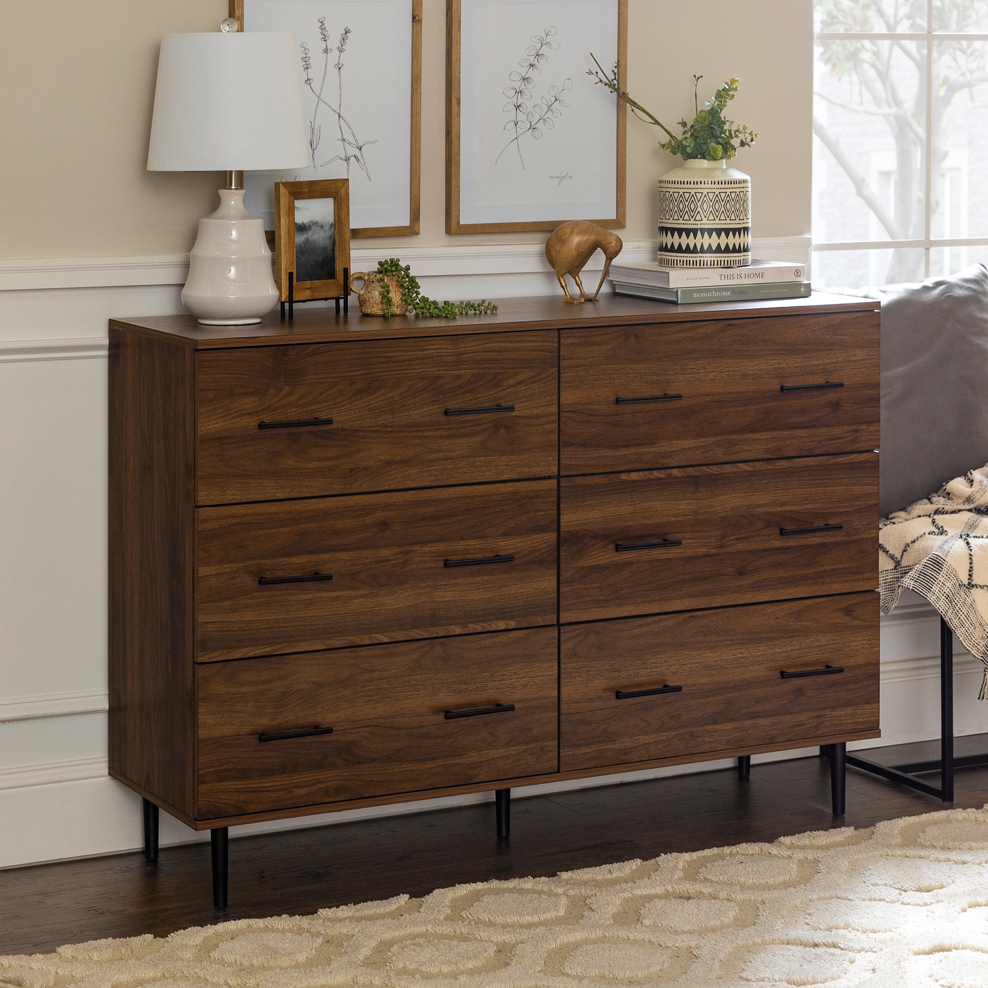 Walker Edison Dark Walnut Dresser with Sleek Metal Legs and Hardware ...