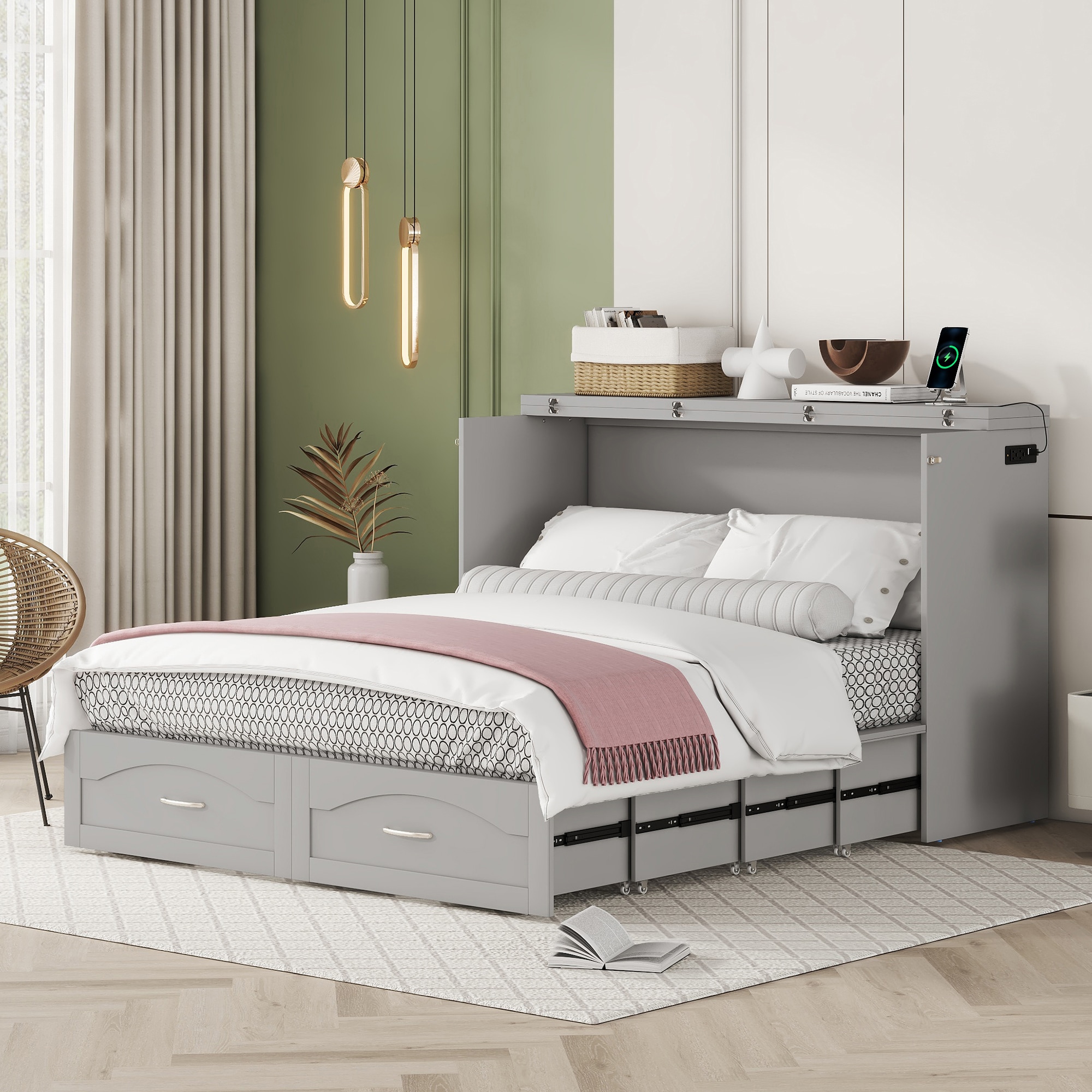 ModernLuxe LP000671AAE Queen Size Murphy Bed Wall Bed with drawer and a set of Sockets  USB Ports Pulley Structure Design Gray