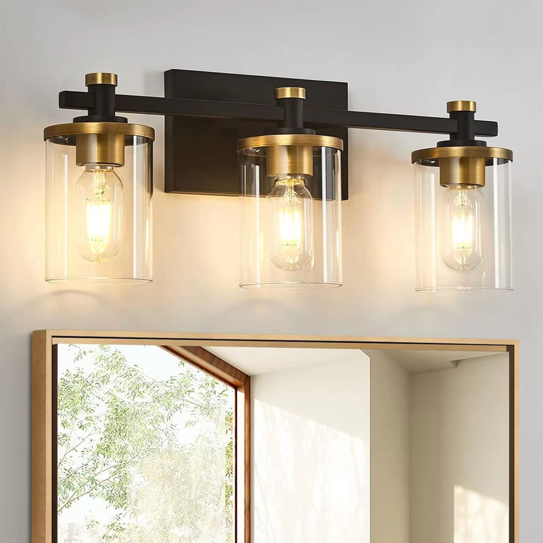 Fylbinye 303-8G Black and Gold Bathroom Vanity Light With Shade 17.3-in 3 -Light Matte Gold Modern/contemporary Vanity light bar