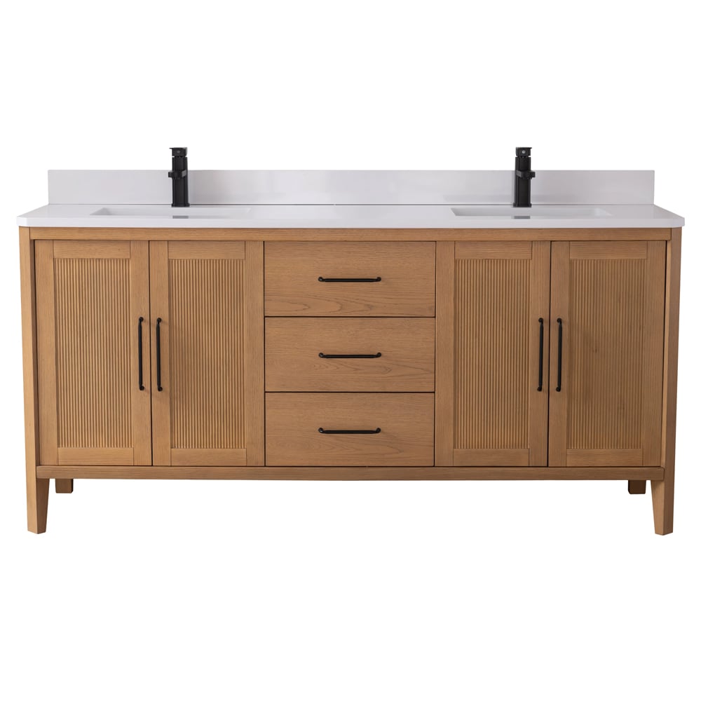 Chans Furniture 72 Inch Barque Double Sink Warm Oak Brown Finish Bathroom Vanity With White Top