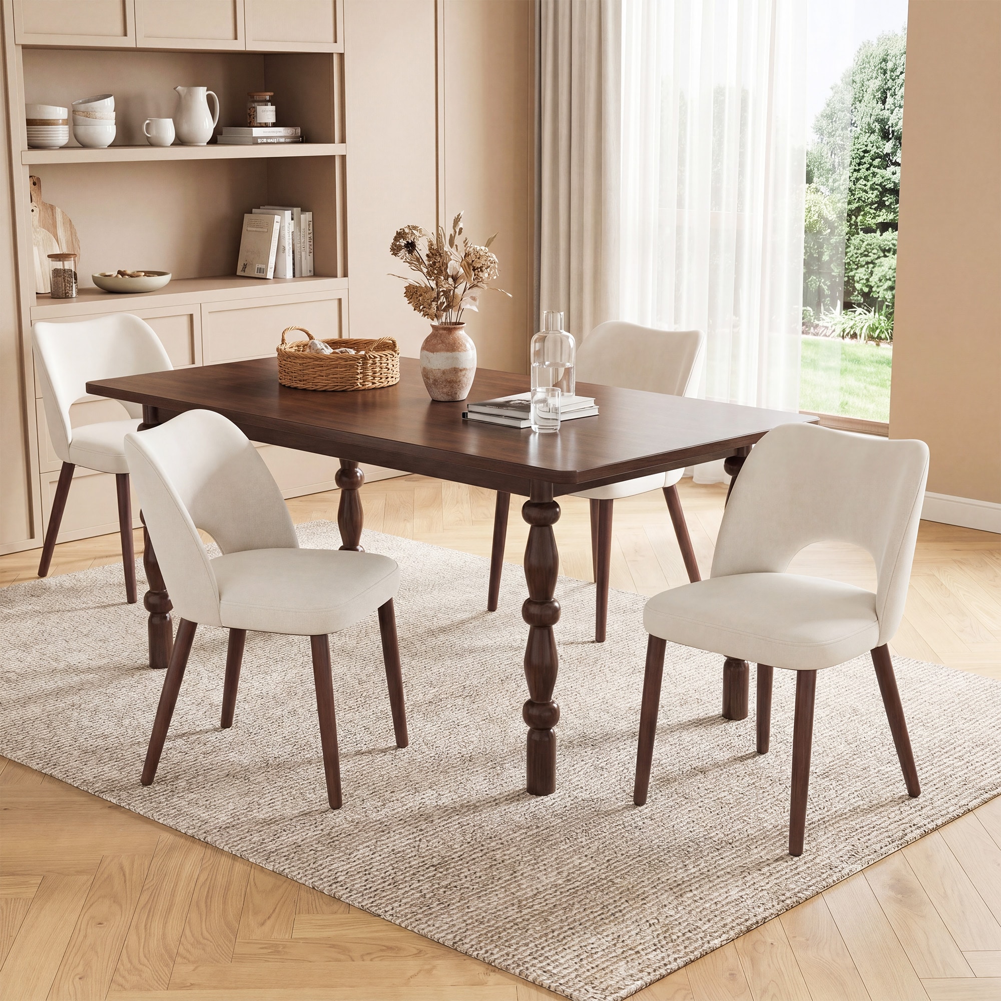 ViviHav - Set of 4 Beige Fabric Upholstered Dining Chair with Cutout Back