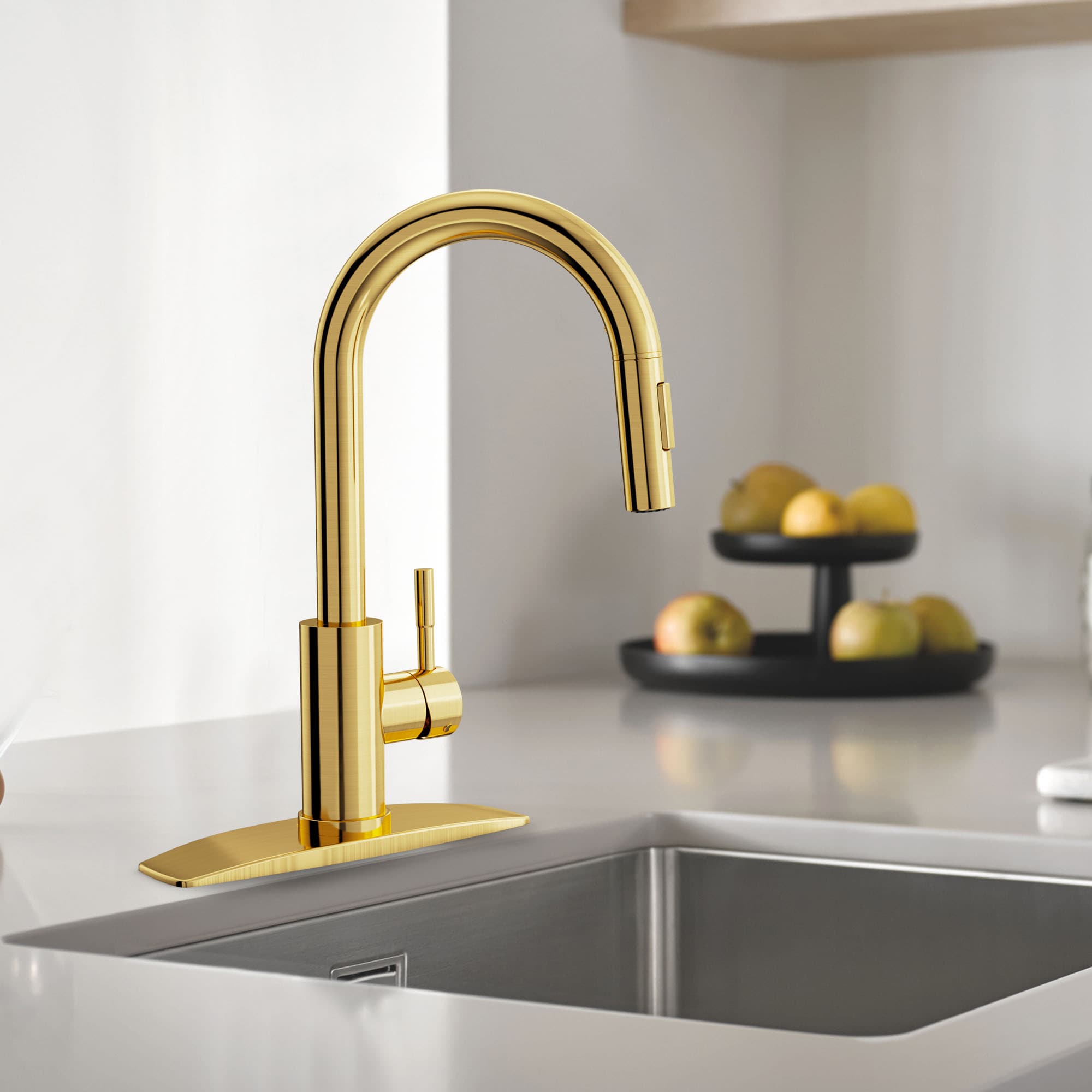 FORIOUS Gold Single Handle Pull-down Kitchen Faucet with Sprayer (Deck ...