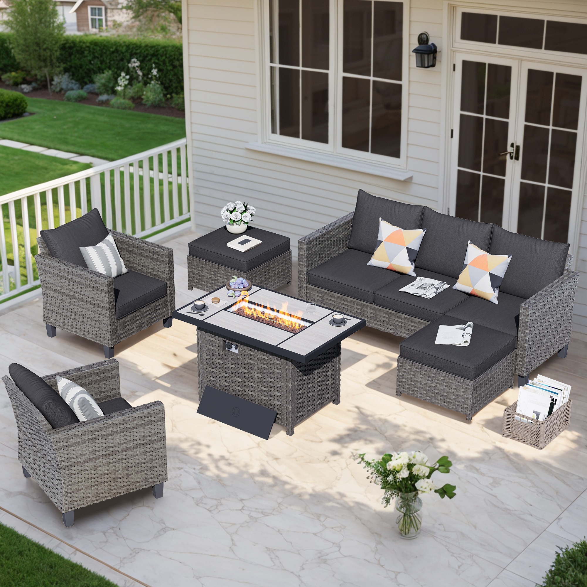 Pouuin SRFPGRS105 6-Piece Wicker Patio Sofa Conversation Set with Black Cushions