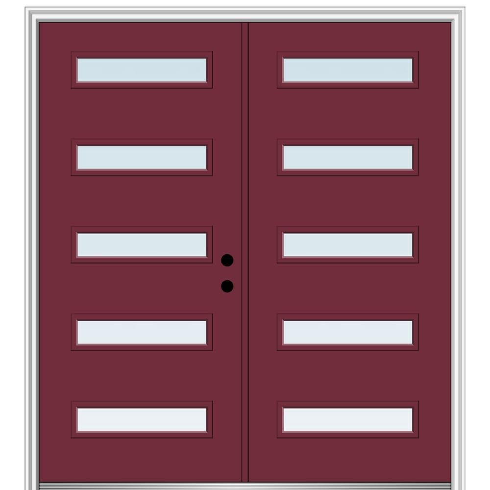 MMI DOOR ZZ346477L Spotlights 72-in x 80-in x 4-9/16-in Fiberglass Pulse lite Left-hand inswing Burgundy Painted Prehung Double Front Door with Brickmould Insulating core