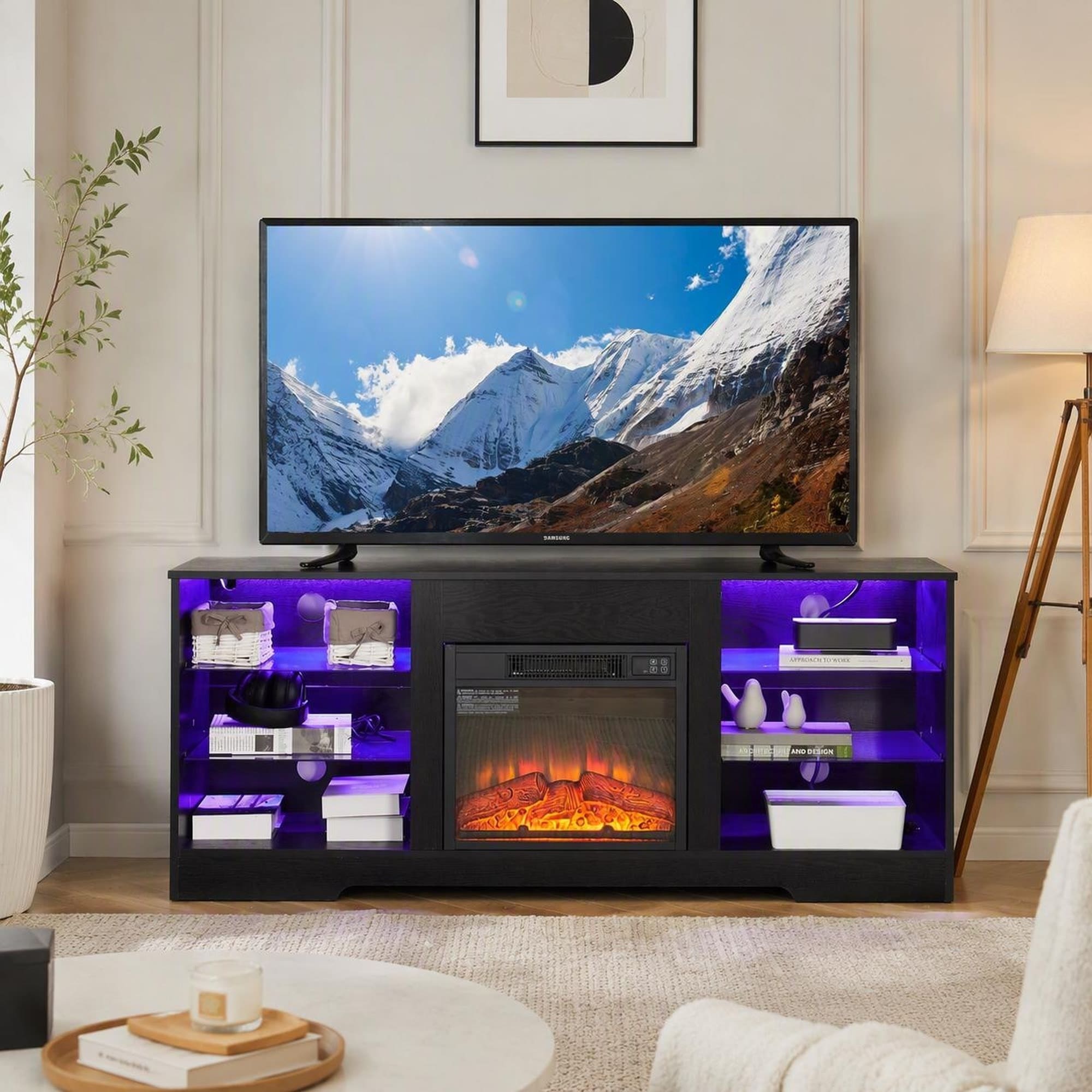 TEINIE 58 Inch Electric Fireplace TV Stand with 18 Inch Fireplace with LED Lights Media Console for TVs up to 62 Inch Black