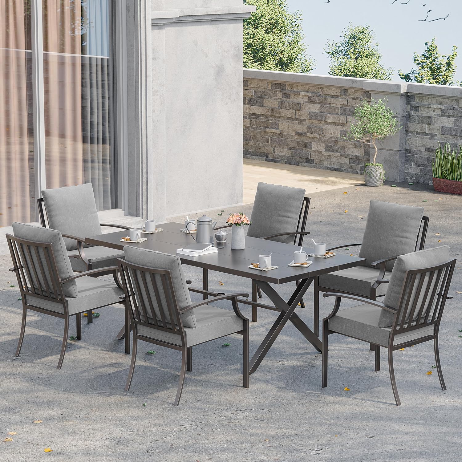 ALAULM LS-6DM-GREY 7 -Piece Brownish Black Patio Dining Set Iron Rectangle Table with 6 Gray Cushions Stackable Swivel Rocker Chairs