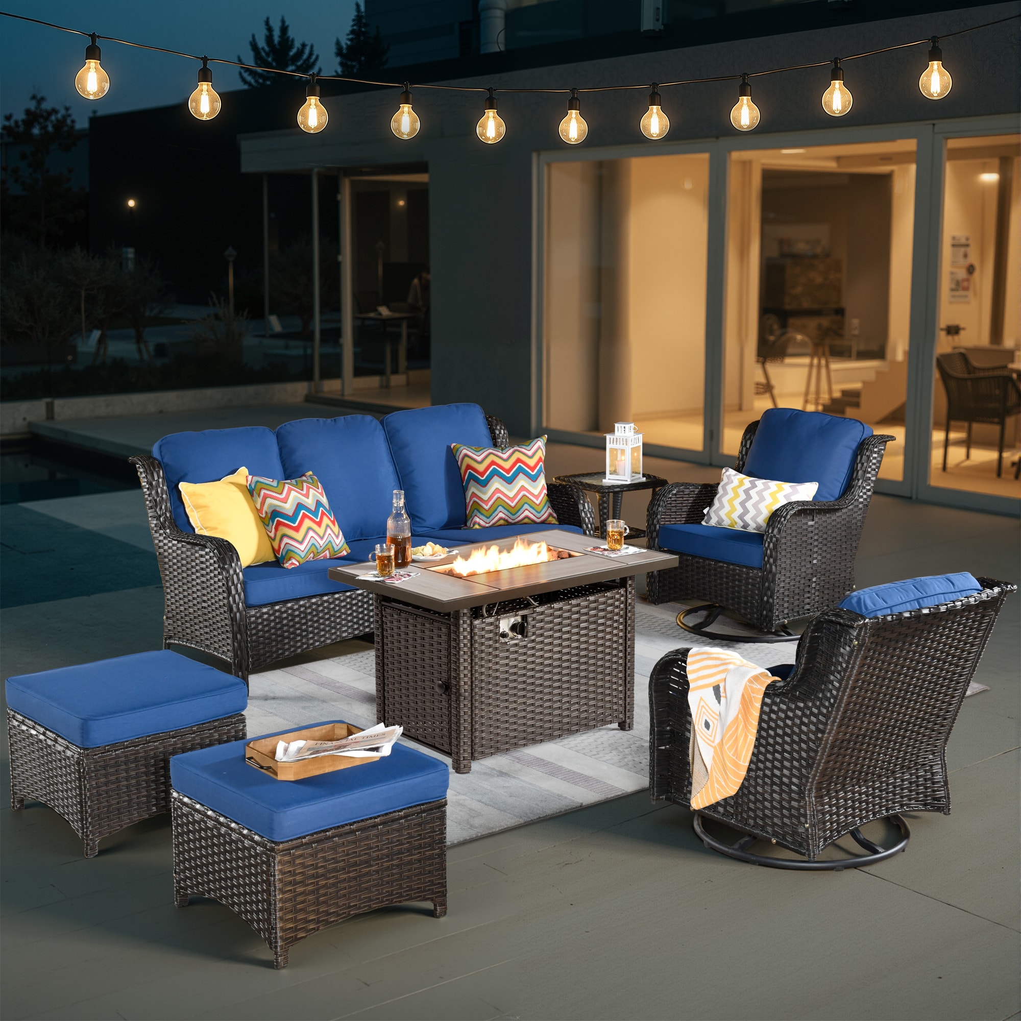 Pouuin SRFPNTC60-7 7 -Piece Wicker Patio Sofa Conversation Set with Navy Cushions