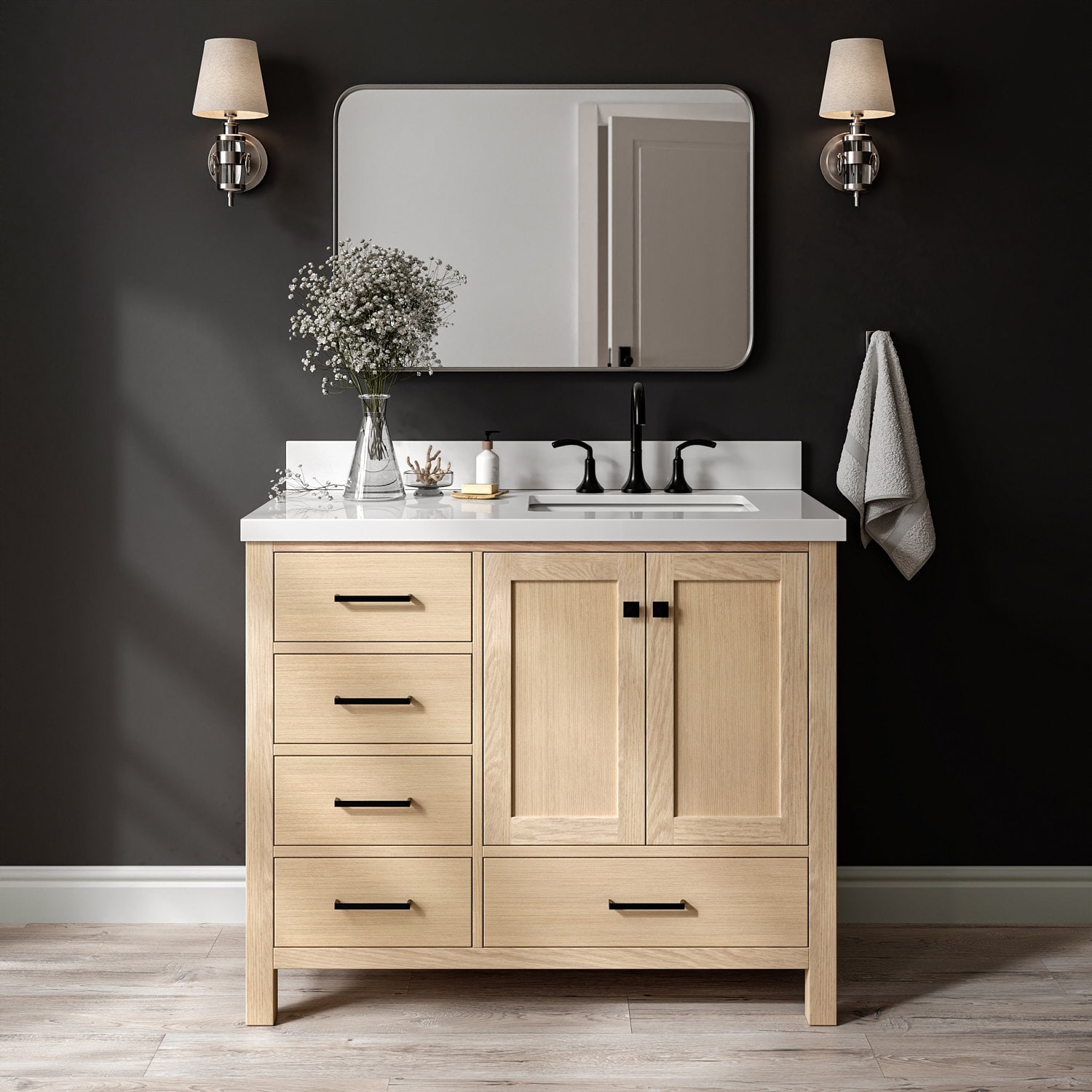 ARIEL A043SRWQRVOWOA Cambridge 42-in Oak Undermount Single Sink Bathroom Vanity with Pure White Quartz Quartz Top