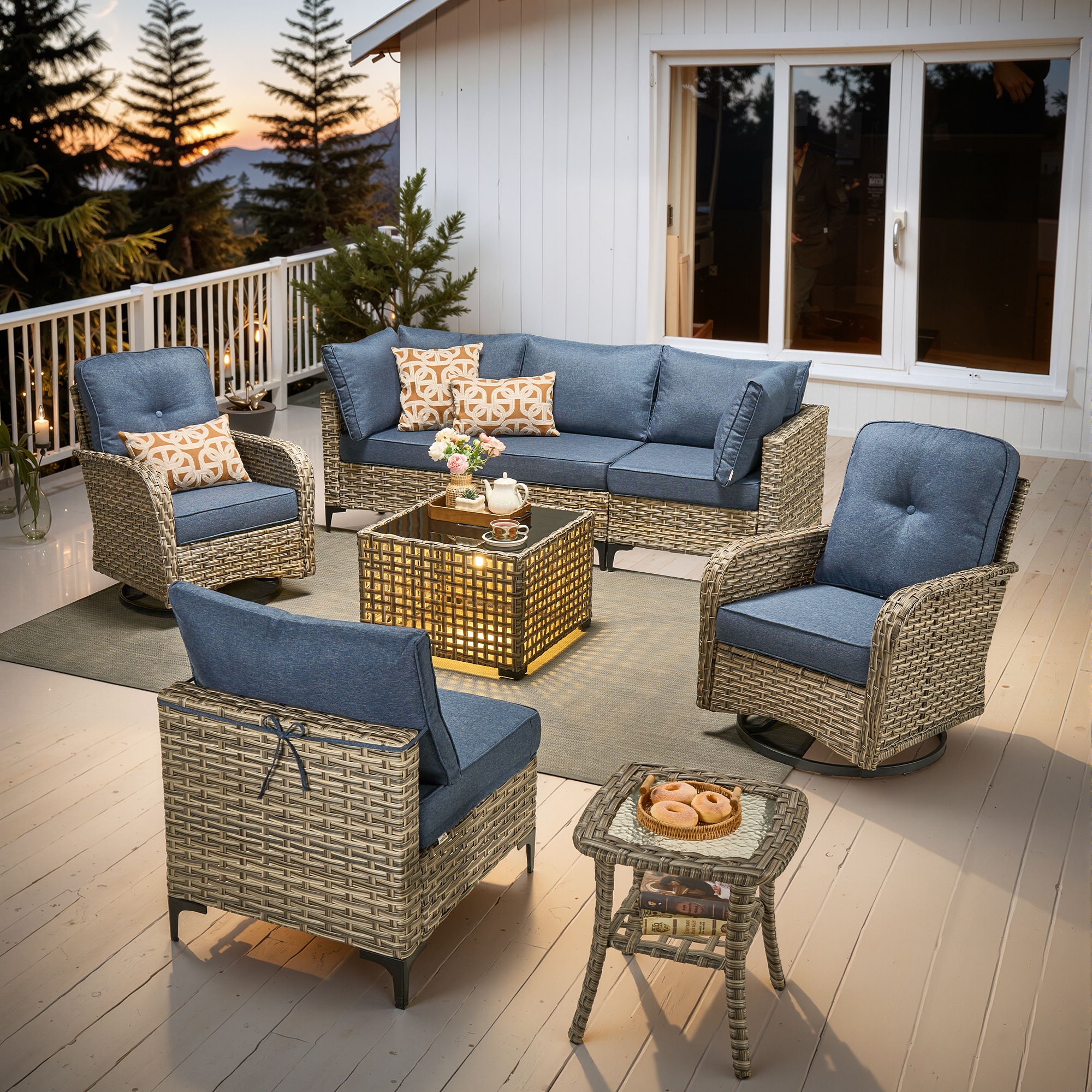 Ovios SK508YV 8 -Piece Rattan Patio Conversation Set with Blue Cushions