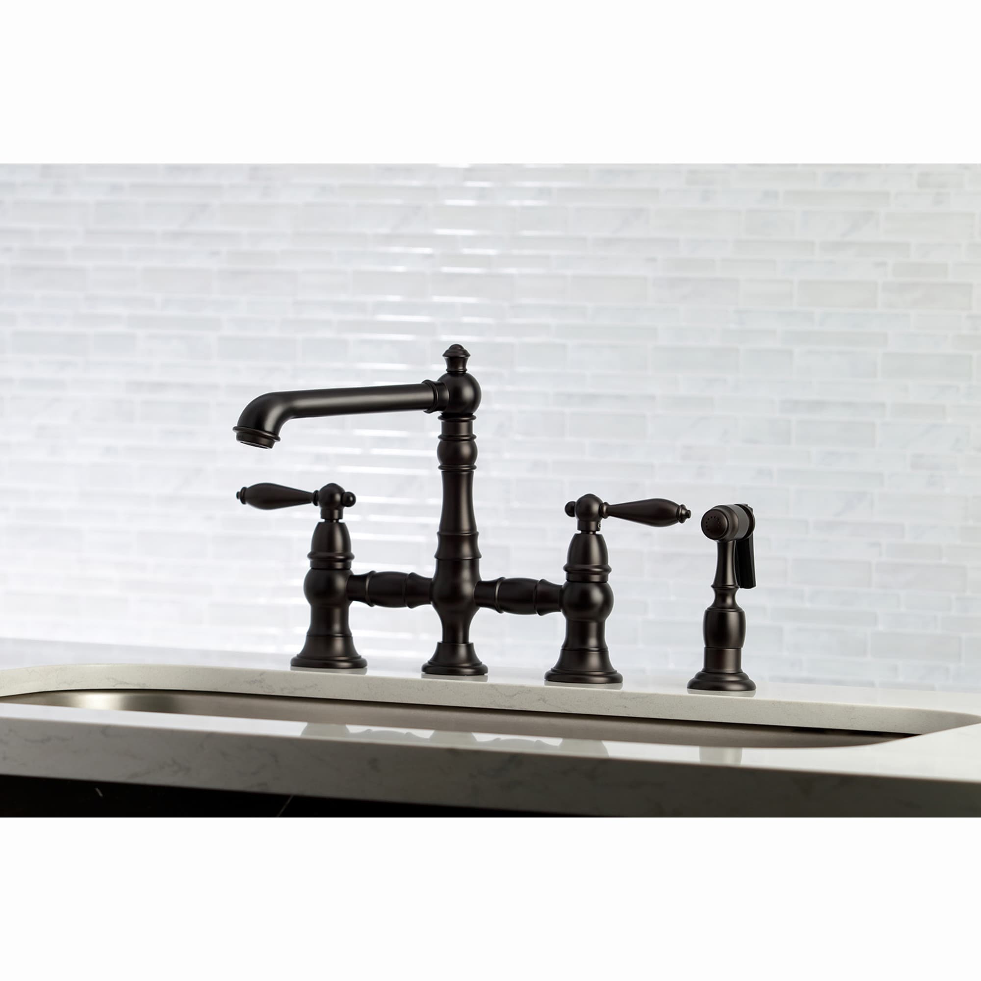 Kingston Brass WLKS7275ALBS English Country Oil-rubbed bronze Double Handle Deck-mount Bridge Kitchen Faucet with Sprayer ( Side Sprayer Included )