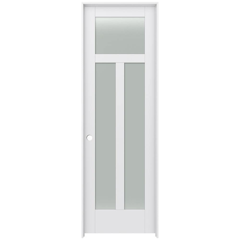 JELD-WEN LOWOLJW221100614 32-in x 96-in Primed Solid core 3-panel craftsman Frosted glass Right hand Smooth Primed MDF Flat Jamb Single Prehung Interior Door