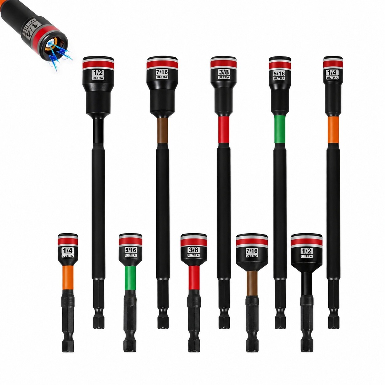 Ahfiwaso  Impact Nut Driver Set 10 Pieces 2.56 to 6 Inches Long 1/4 5/16 3/8 7/16 1/2 Inch 6 Point Alloy Steel Magnetic SAE Nut Setter with Case