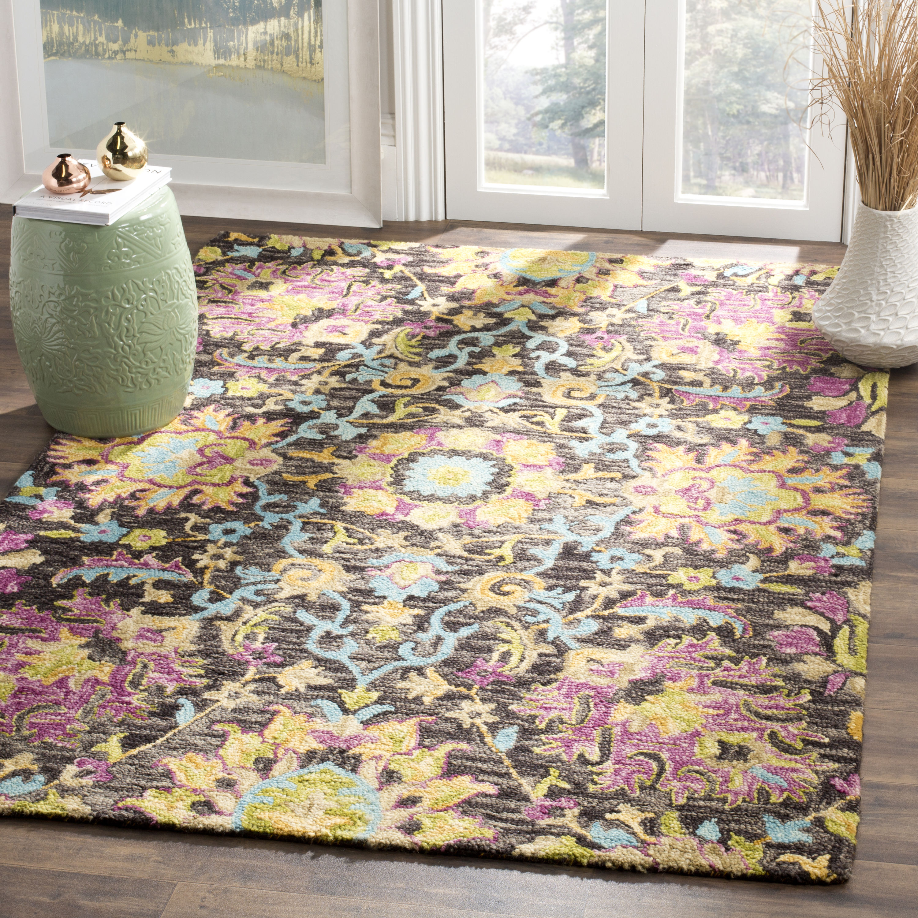 Handmade Charcoal & Multicolor Floral Wool 6' Square Rug