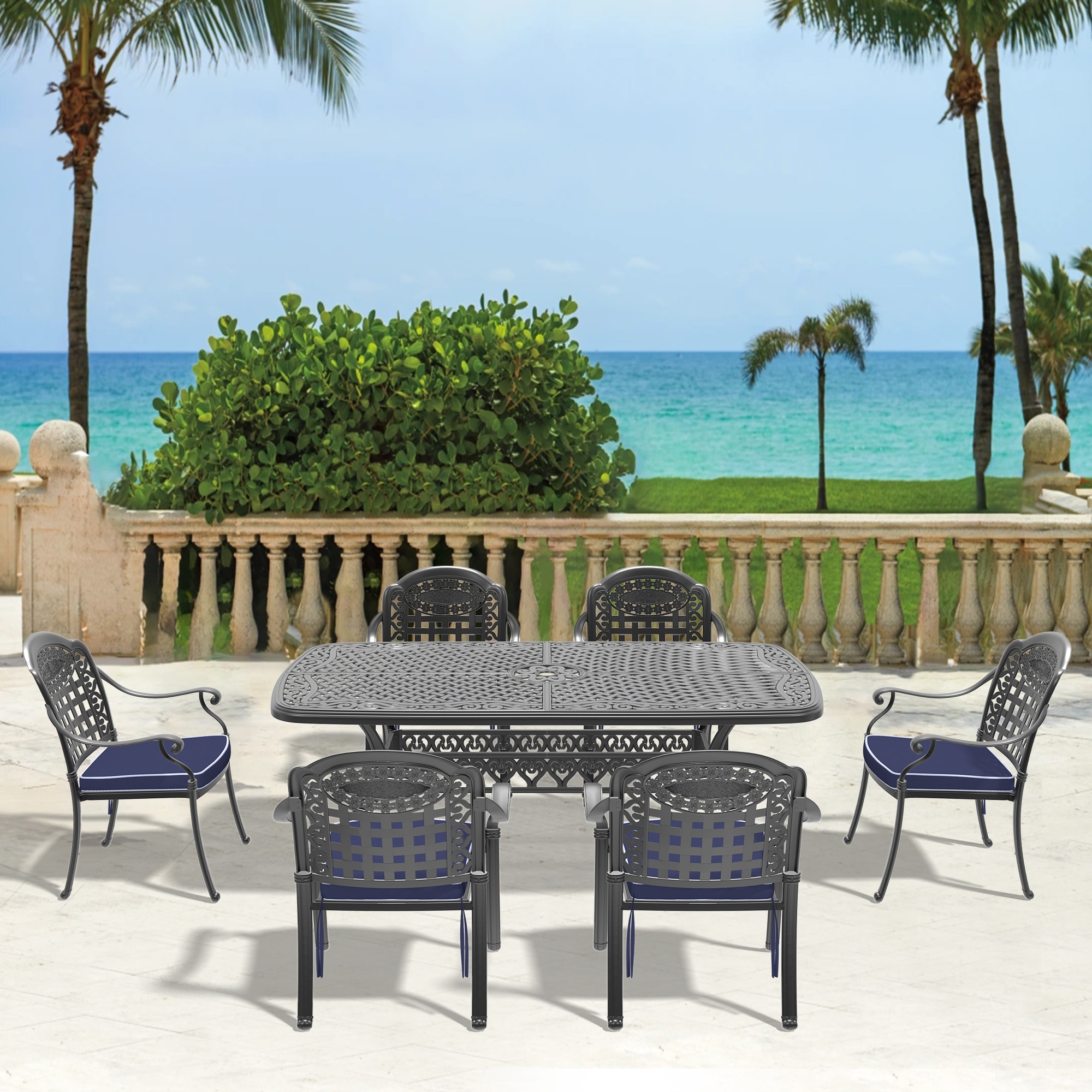 nicesure SLBK6012CZ6A1174RC 7 -Piece Black Patio Dining Set Aluminum Rectangle Table with 6 Cushions Stackable Stationary Chairs