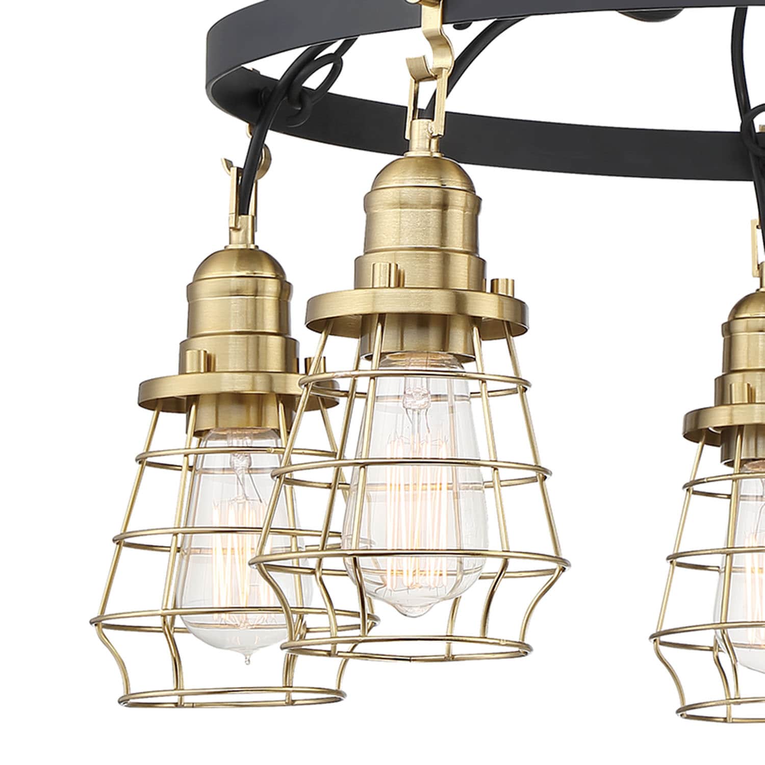 Flat Black and Satin Brass Cage Chandelier with 5 Lights