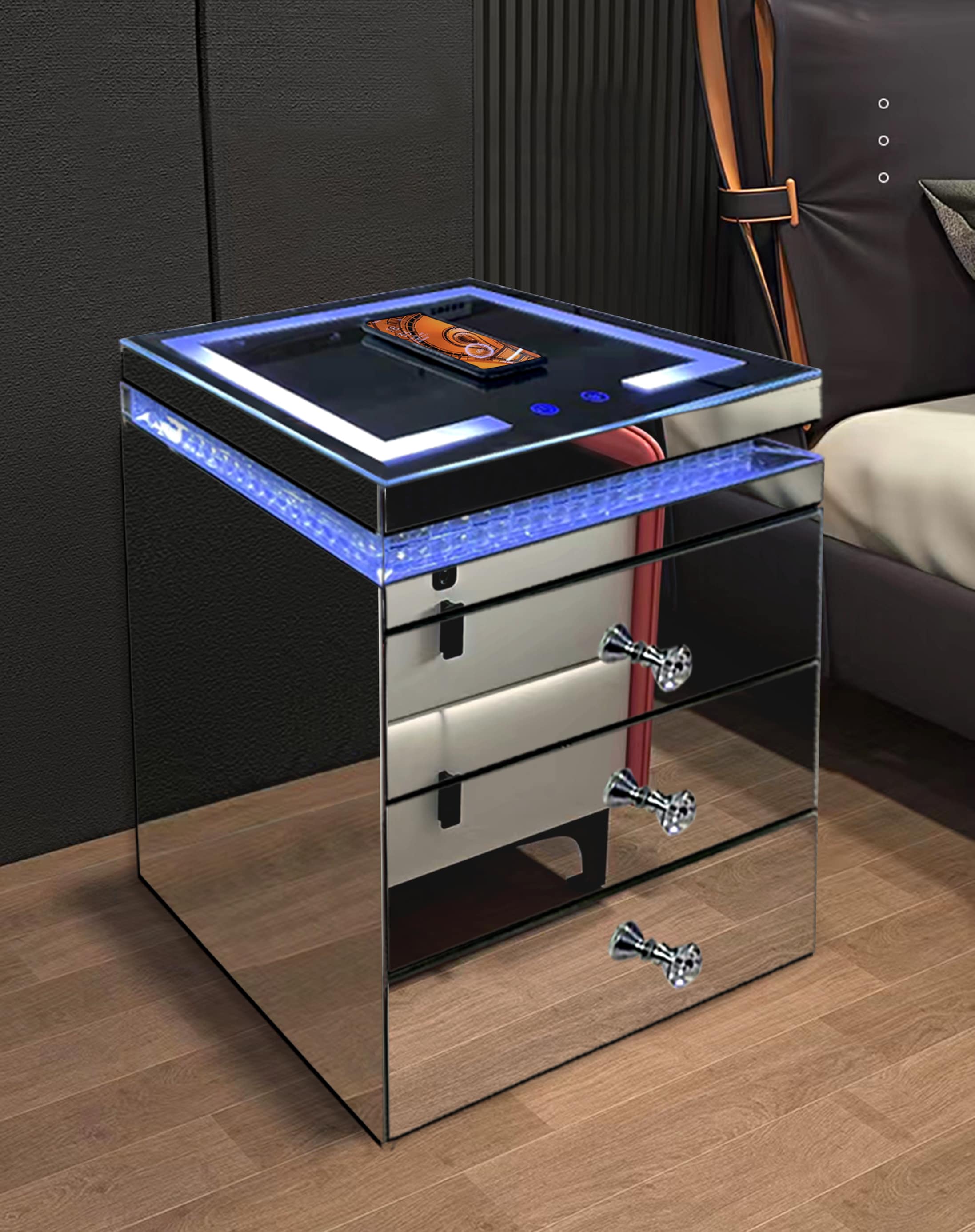 Amazing Rugs NSC017M-CH Mirrored and Black Nightstand