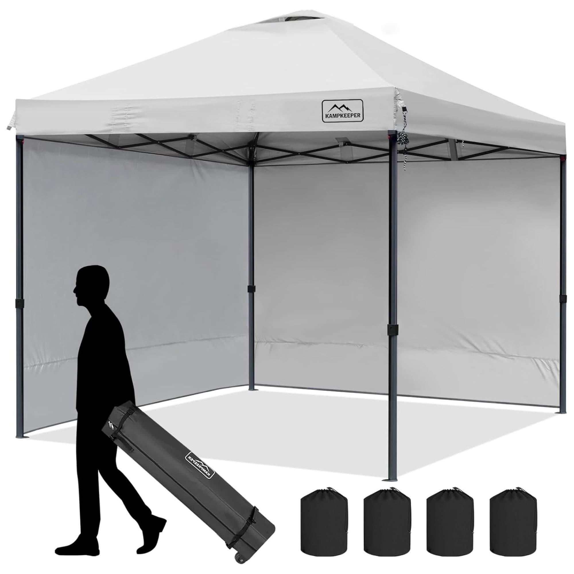 KAMPKEEPER -  10x10 Pop Up Canopy Tent with 2 Sidewalls for Outdoor Use White