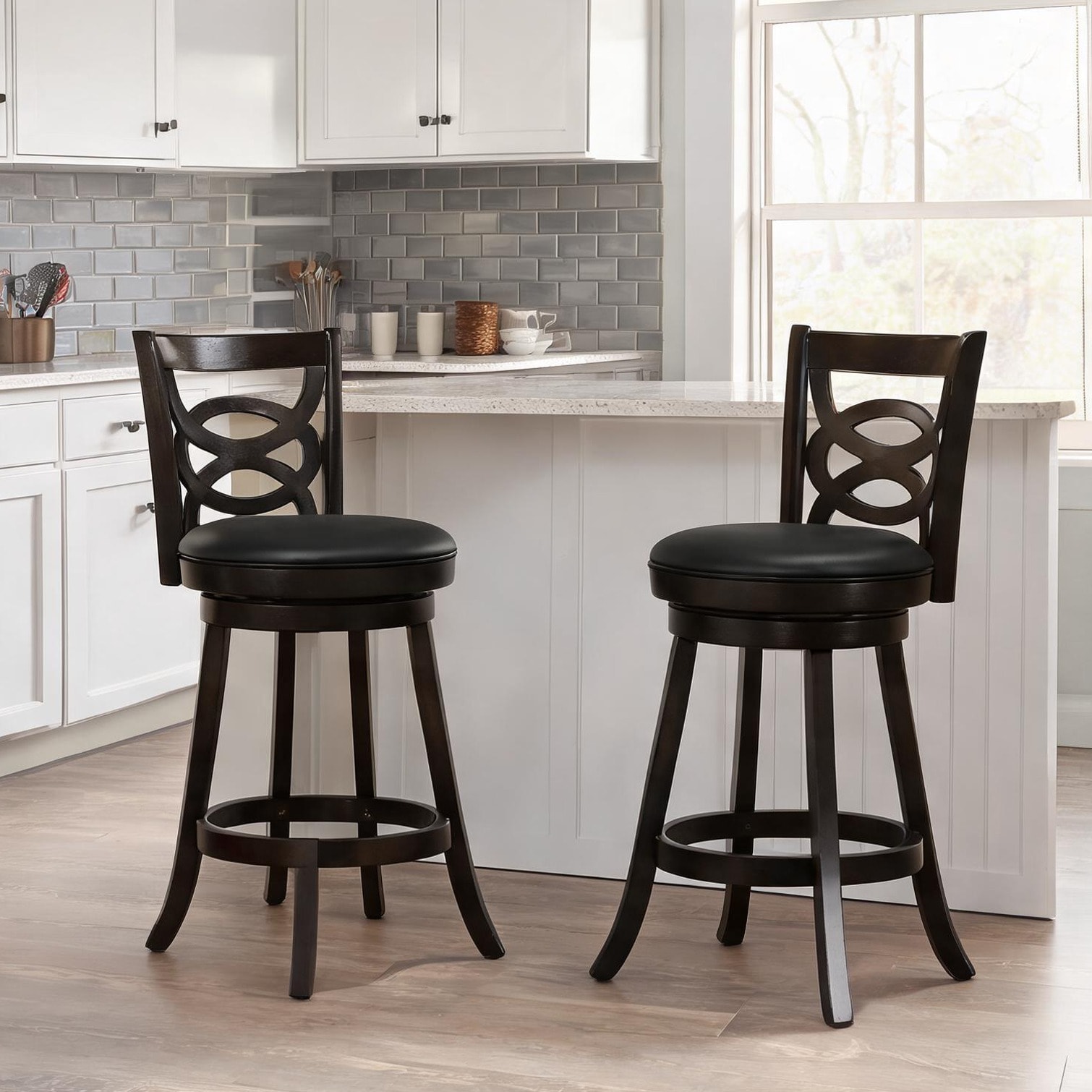 Watnature - Dining stool set with swivel seat deep black leatherette and wood set of 2