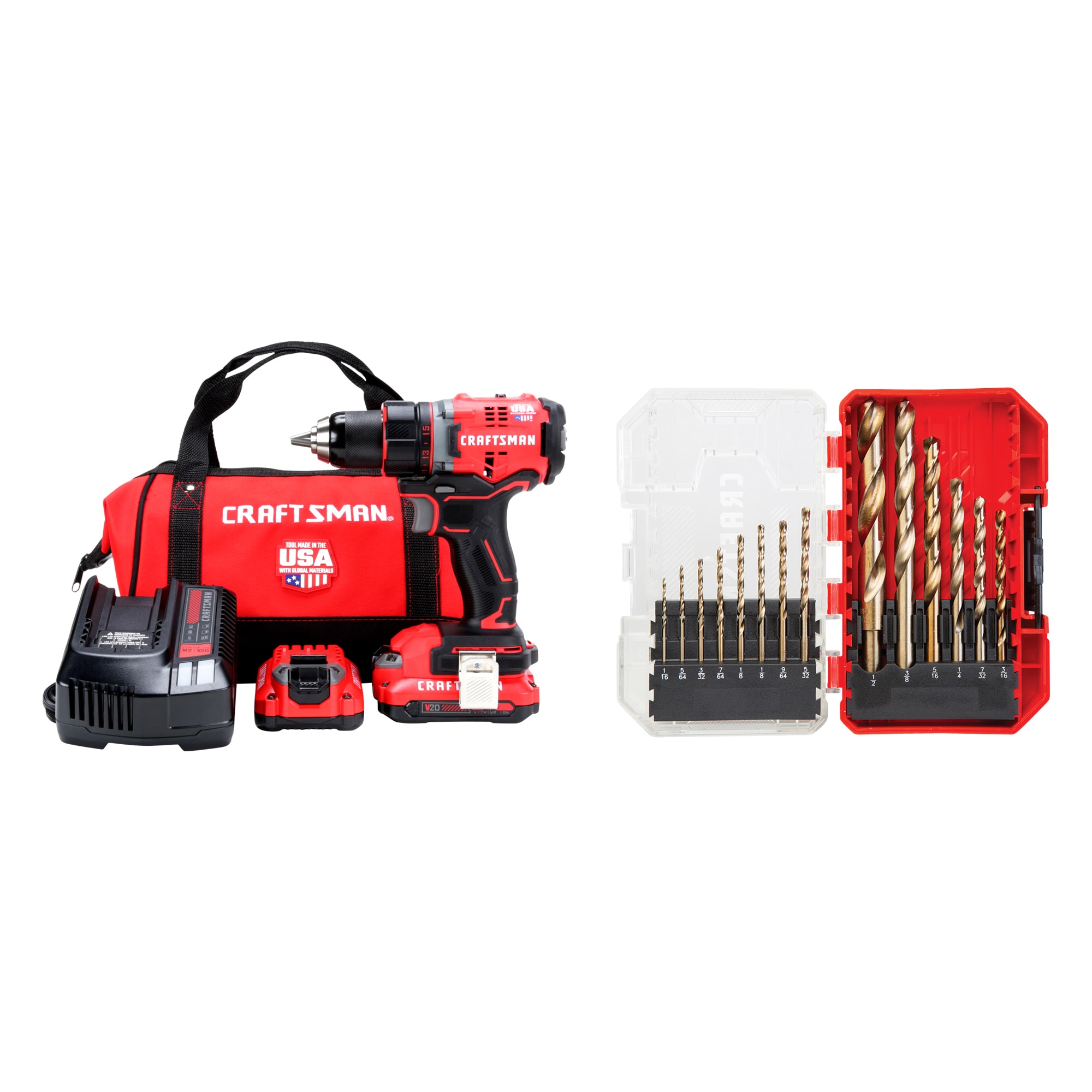 CRAFTSMAN V20 20-volt Max 1/2-in Brushless Cordless Drill (2-Batteries Included and Charger Included) & 14-Piece Assorted Assorted x Set Gold Ferrous