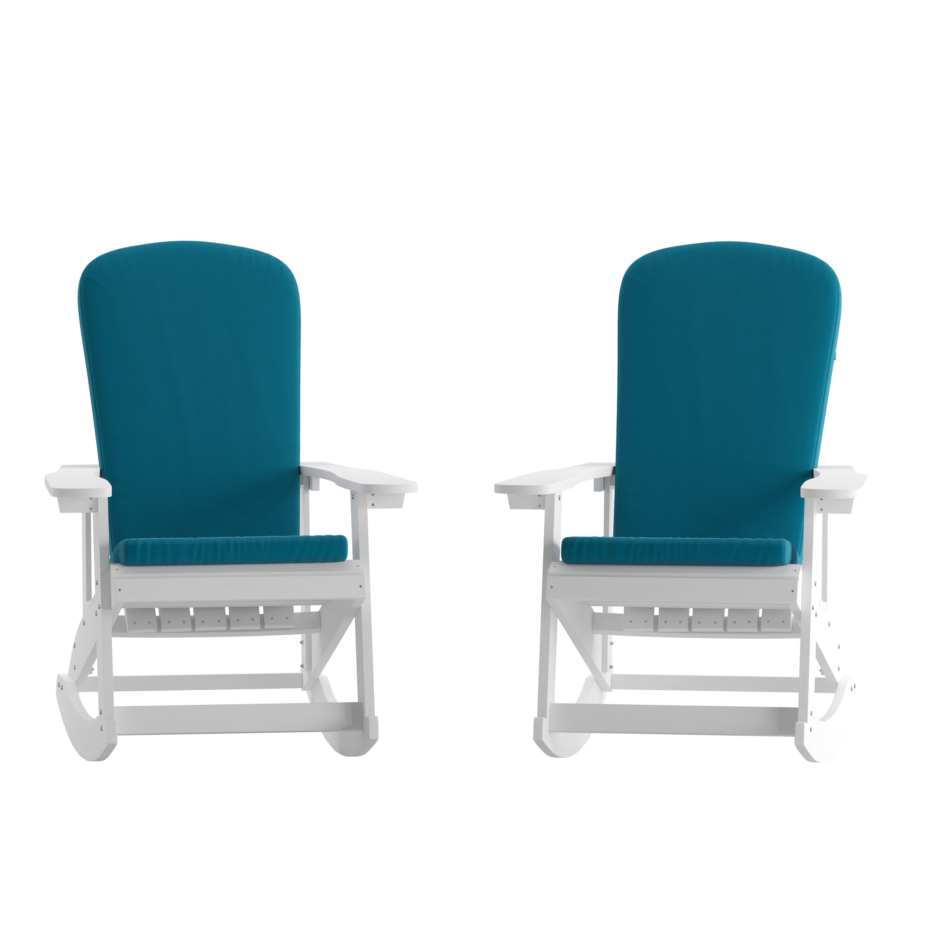 Flash Furniture 196861045363 Savannah Set of 2 All-Weather Poly Resin Wood Adirondack Rocking Chairs in White with Teal Cushions for Deck; Porch; and Patio