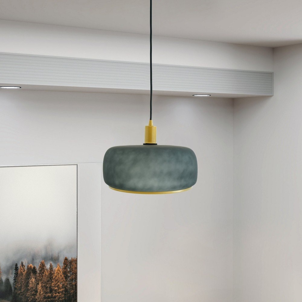 Basdien 13 in Green Chandelier Pendant Lamp Light Fixture with Gold Sprayed Glass Shade Metal Frame Mid Century Modern Contemporary Style for Dining Room Kitchen Living Room Bedroom Home E26 Base Incandescent Compatible Adjustable Height Setup