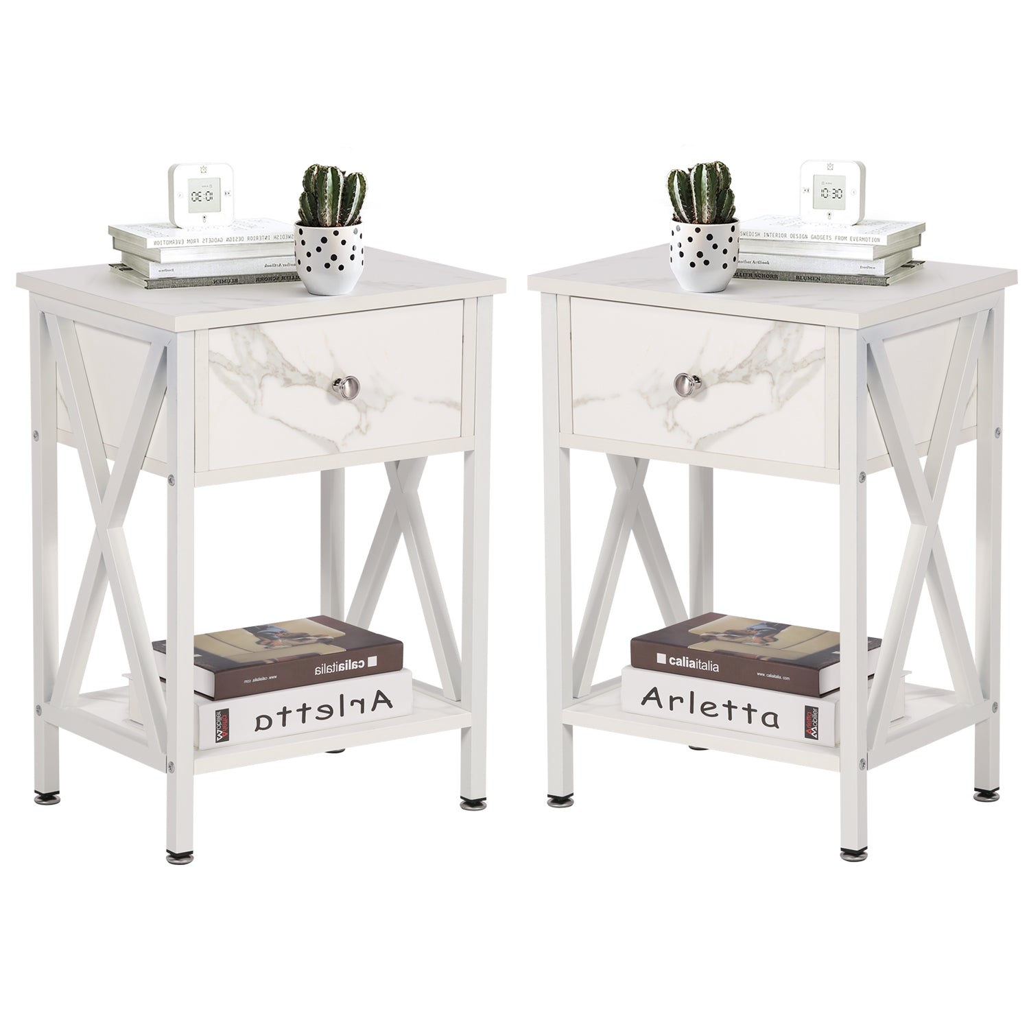 Vecelo LOE-DC-NS01-WHT-A2 Set of 2 Nightstands End Table with Drawer Wooden Side Table Storage Shelf for Living Room Bedroom White