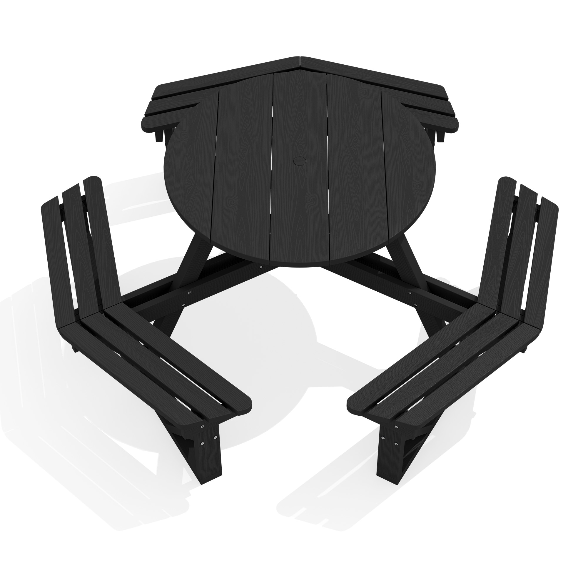 Serwall - 6 Person 35.43''L Circular Outdoor HDPE Black Picnic Table with 3 Built-in Benches 353l...