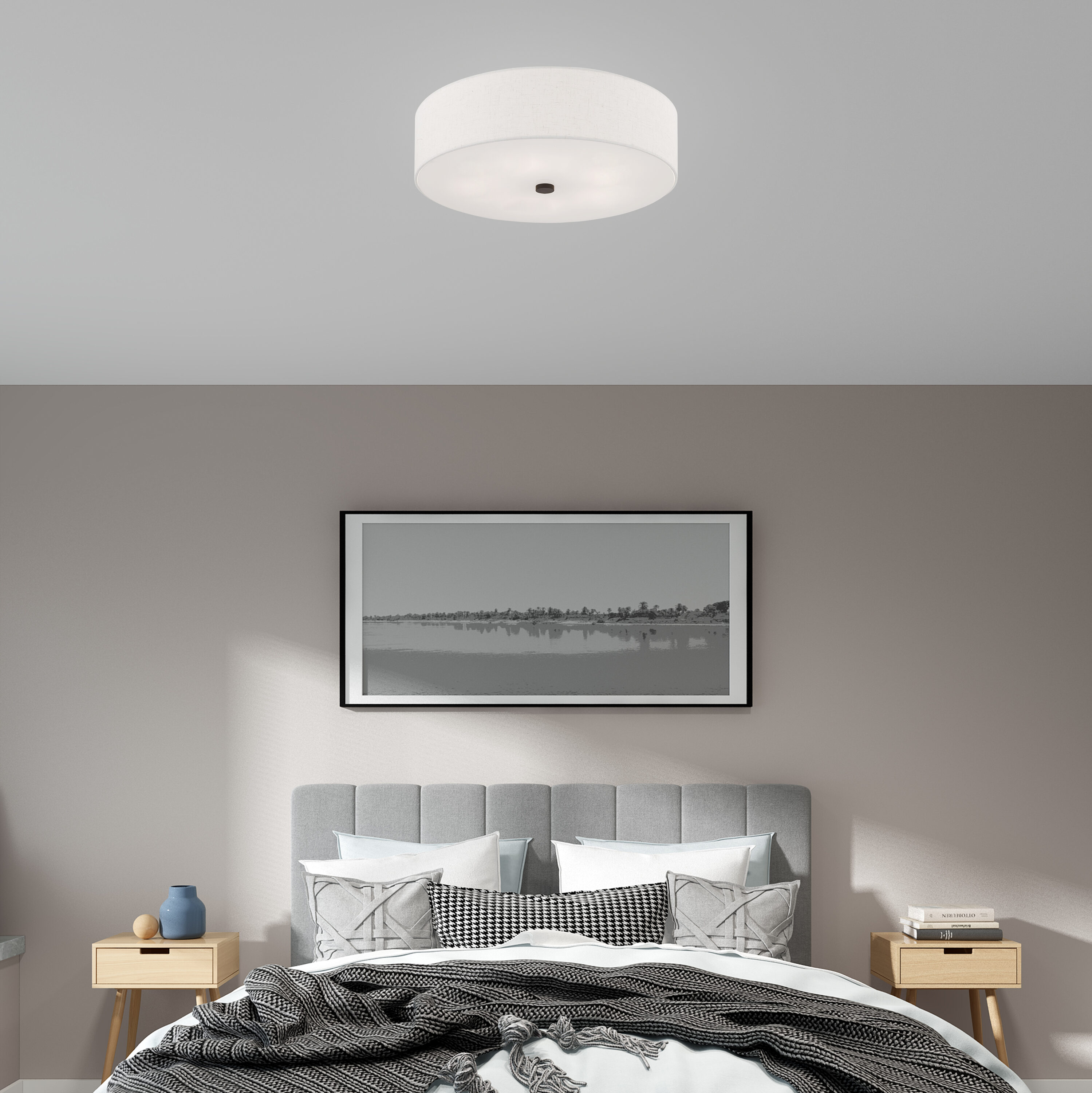 English Bronze 5-Light Semi-Flush Mount with Fabric Drum Shade
