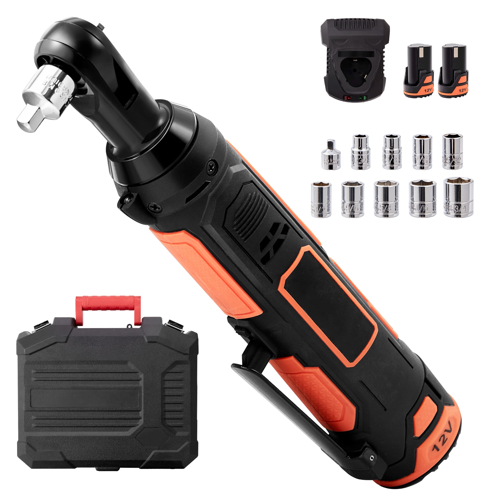 Tinyhomie 3/8in Cordless Electric Ratchet Wrench Set 12V 33 Ft-lbs Power Ratchet Tool Kit 45-Min Fast Charge 2-Pack 2.0Ah Battery Built-in LED Light Variable Speed Trigger 10 Sockets