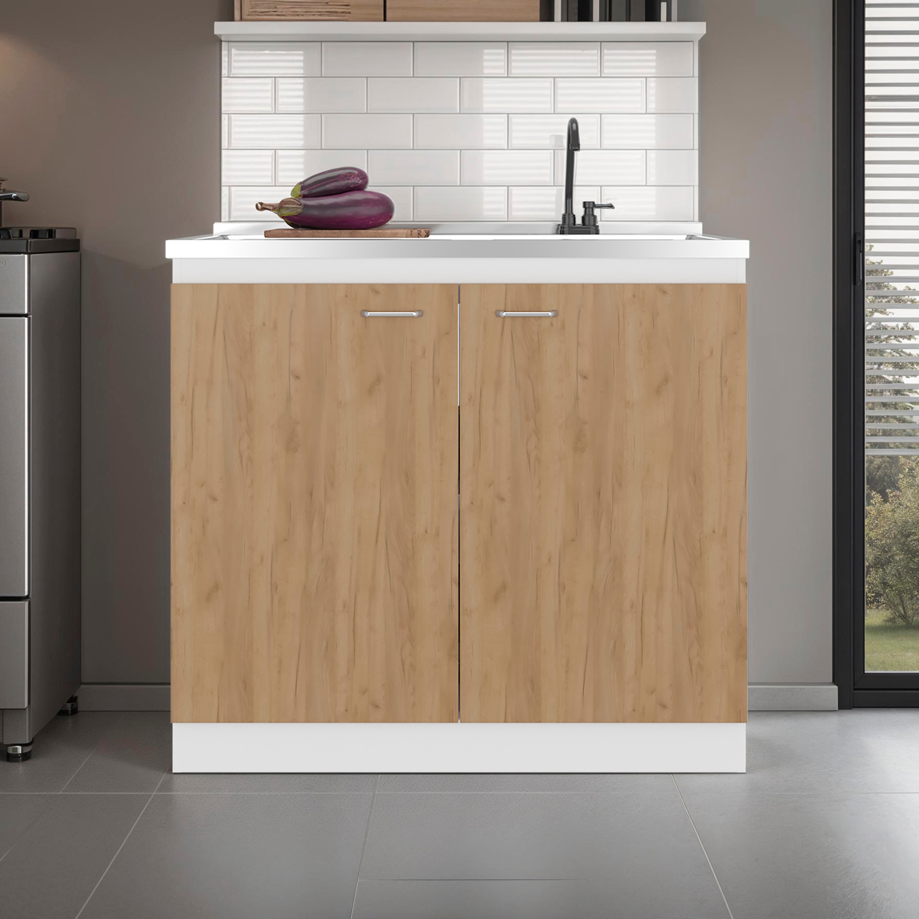 LOVMOR  20.5-in x 39.3-in White Natural Freestanding Utility Sink with Cabinet with 2 Doors with 2 Shelves
